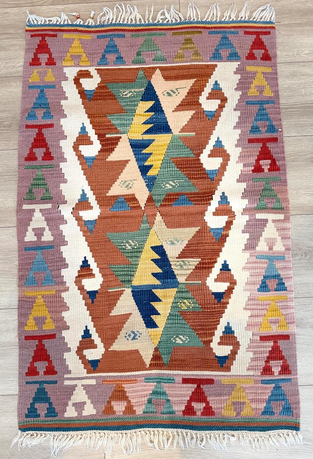 Handmade Turkish Area Rug(YORUK Kilim) - 100% Wool - 2.5x4.5 ft (31x52 in) Small Area Rug - Terracotta & Earthy Tones, Traditional Diamond Motif, Boho Decor for Bedroom, Study, or Entryway