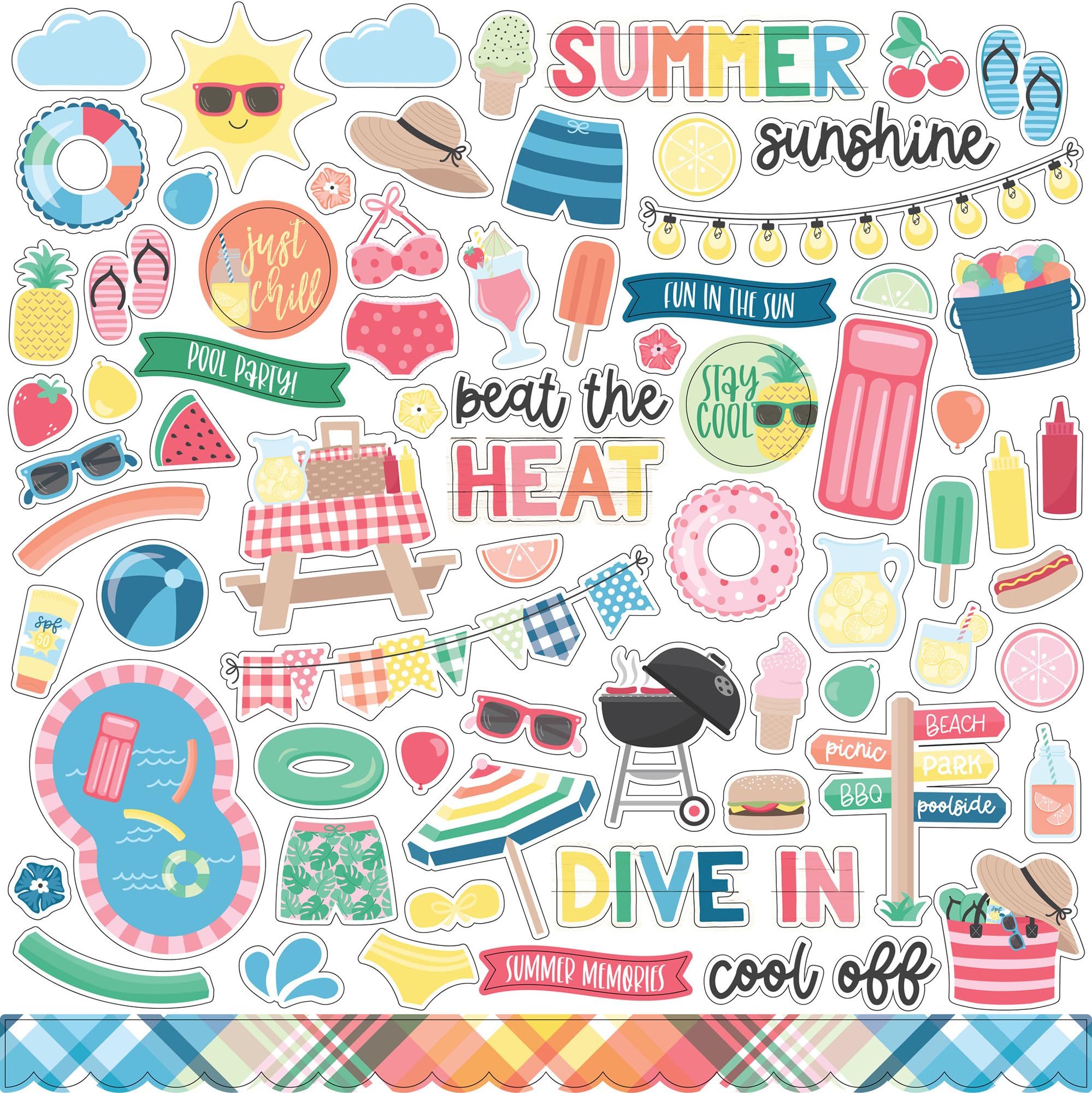 Sommer Scrapbook Aufkleber - Strand Scrapbooking Aufkleber mit Pool, lustige Sätze, Strandball, Grill Design | Scrapbook Sticker Sommer Thema Set für Urlaubsplaner, Fotoalbum, Reisetagebuch