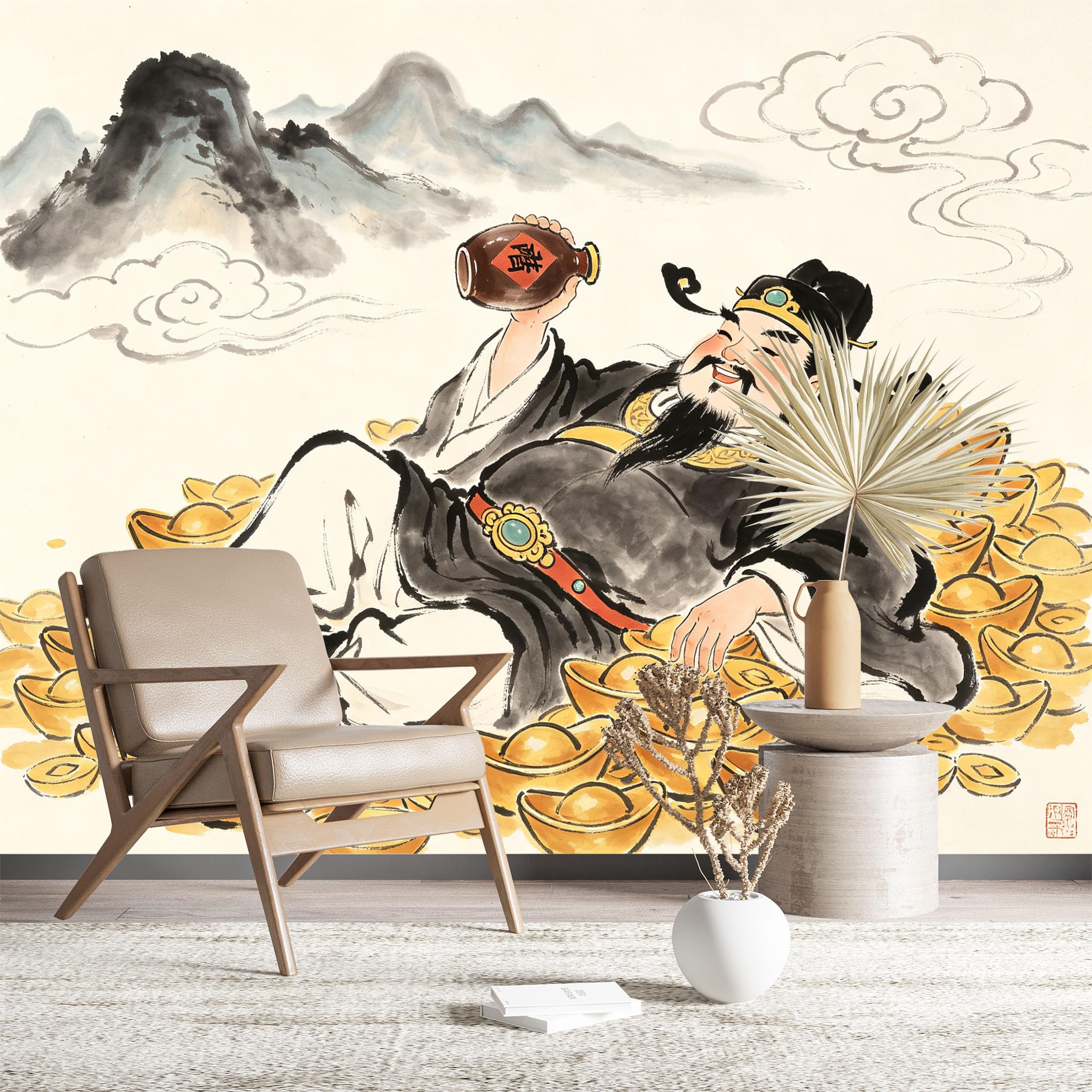 Custom Size Wall Murals Chinese God of Wealth with Gold Ingot Watercolor Wall Covering Fabric Self-Adhesive Wall Fabric (NO PVC) Removable Wallpaper for Living Room