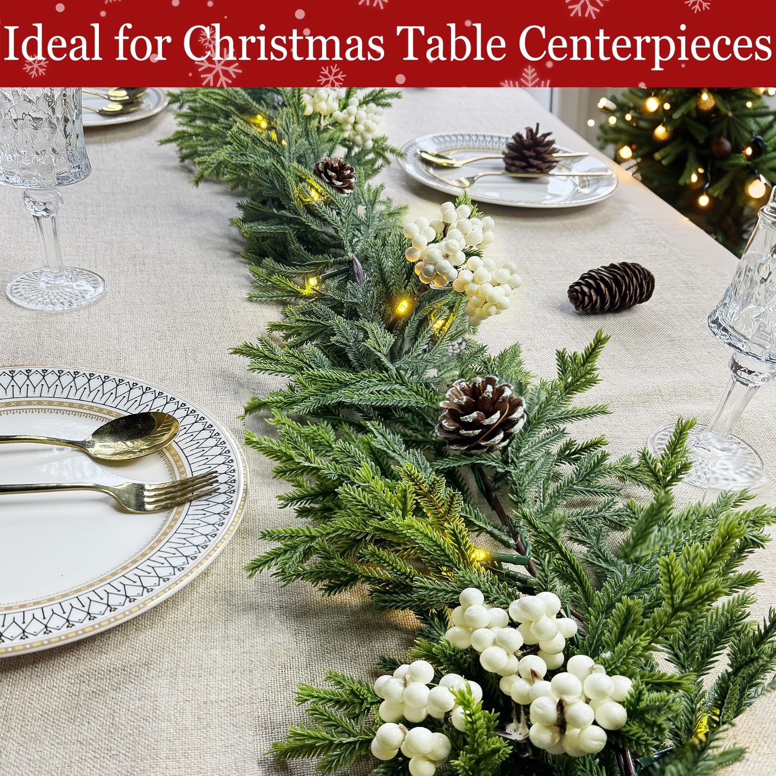 Guirlande de cèdre de Noël de 1,8 m avec baies blanches, pommes de pin et 20 lumières LED blanc chaud, vigne douce avec minuteur, décoration de Noël à piles pour cheminée, table, porte, escaliers