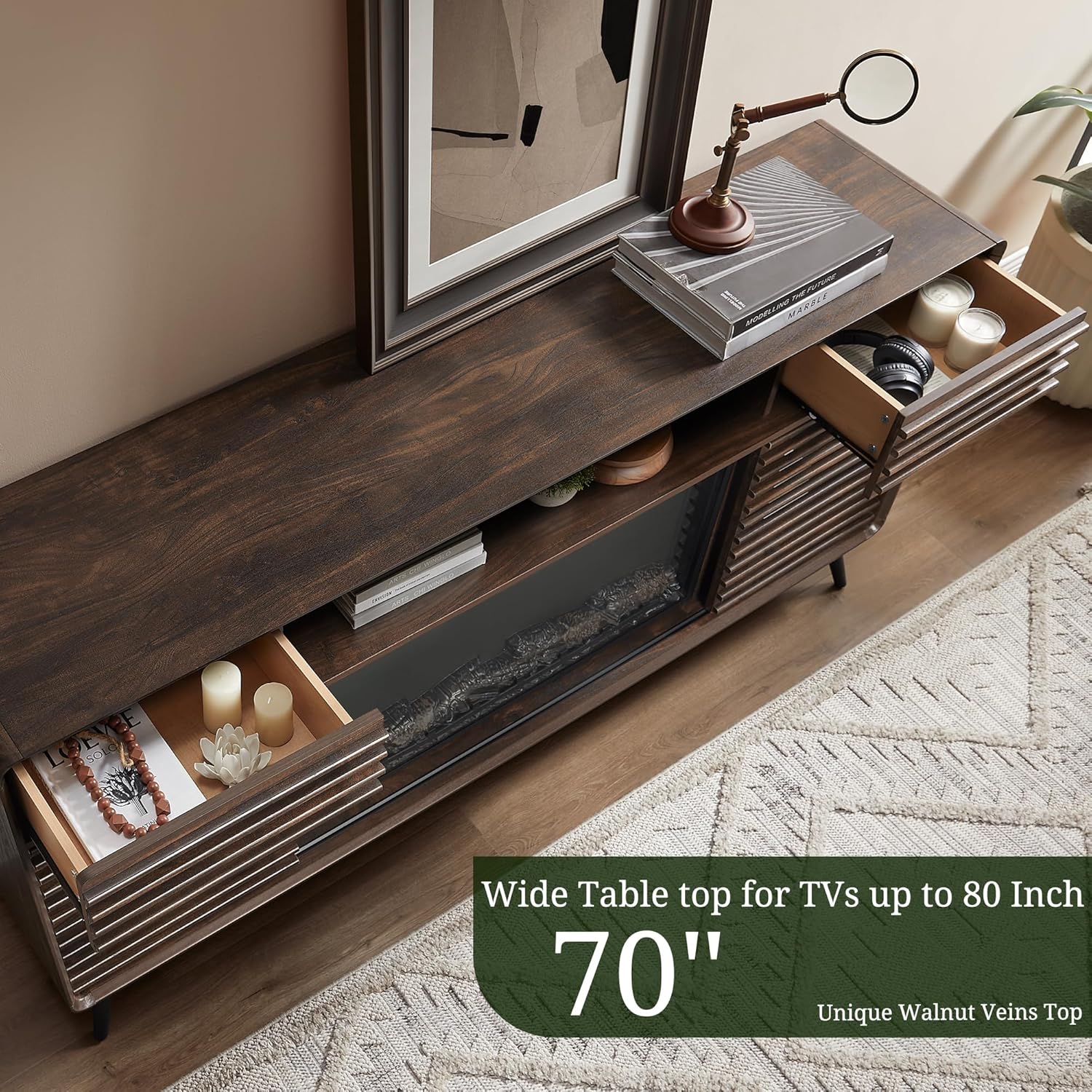 Top-down view of the RedLemon Fireplace TV Stand with drawers open, showcasing storage space.