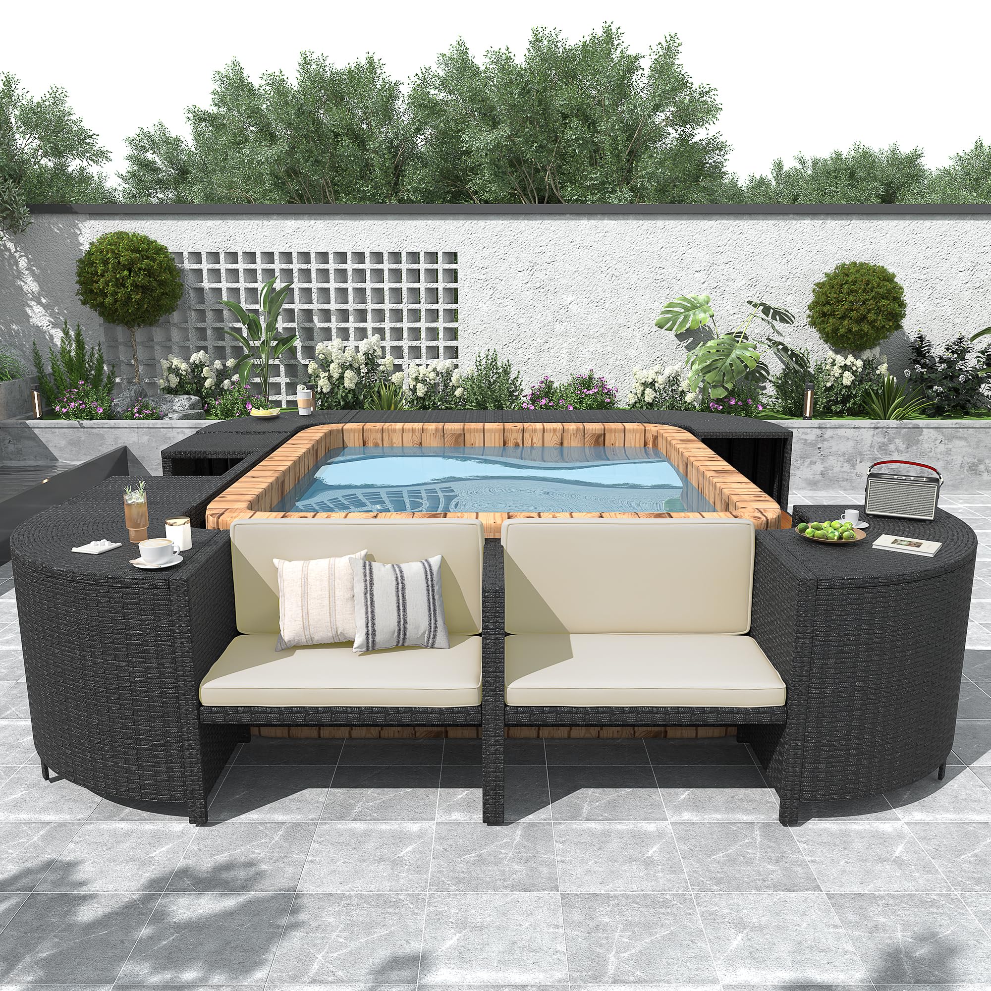 GOWE Spa Surround Spa Frame Quadrilateral Outdoor Rattan Sectional Sofa Set with Mini Sofa,Wooden Seats and Storage Spaces, Beige