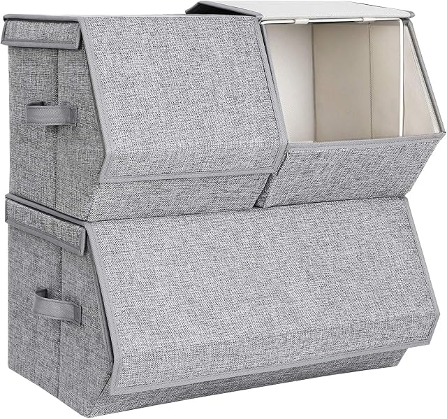 SONGMICS Stackable Storage Boxes With Lids, Set of 3 Toy Organizer, Metal Frame, Magnetic Closure, For Clothes Toys Books, Grey RLB12GY