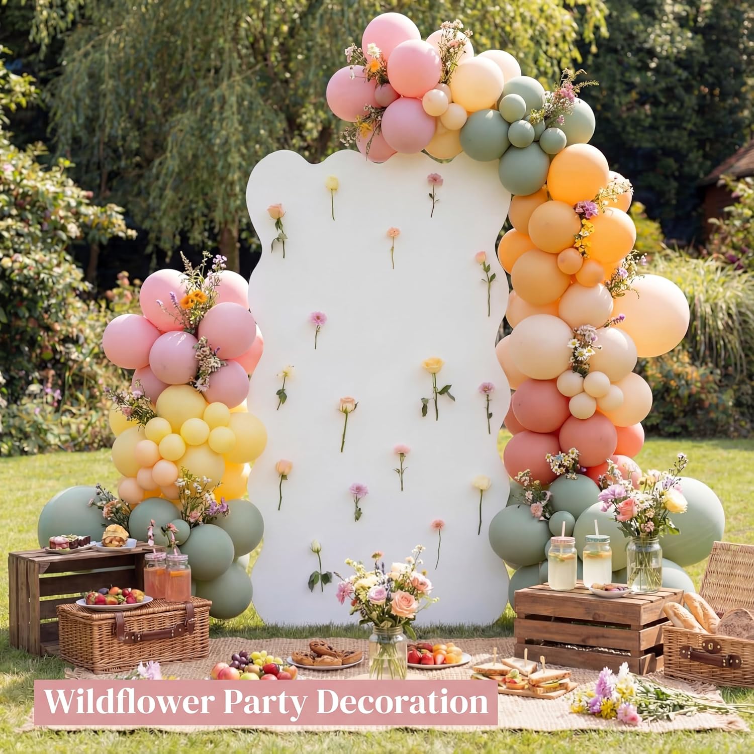 5ft Wildflower Cardboard Cutout Sets Wedding Decoration Scalloped Backdrop Standwith 24 Artificial Flowers DIY Back Drops Set Decor for Bridal Baby Shower Birthday Party