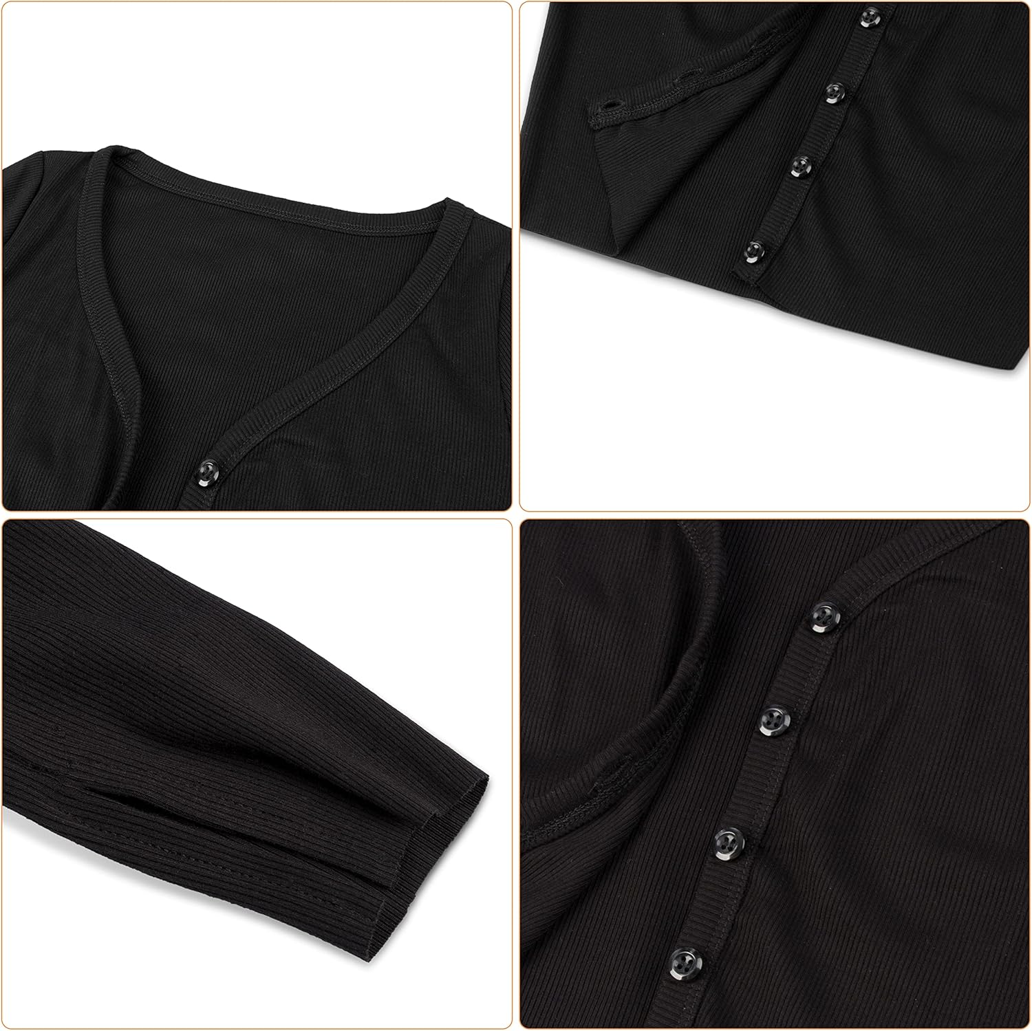 Womens Black Long Sleeves Cropped Cardigan Button Down Knit V-Neck Crop Top…, Small - Image 6