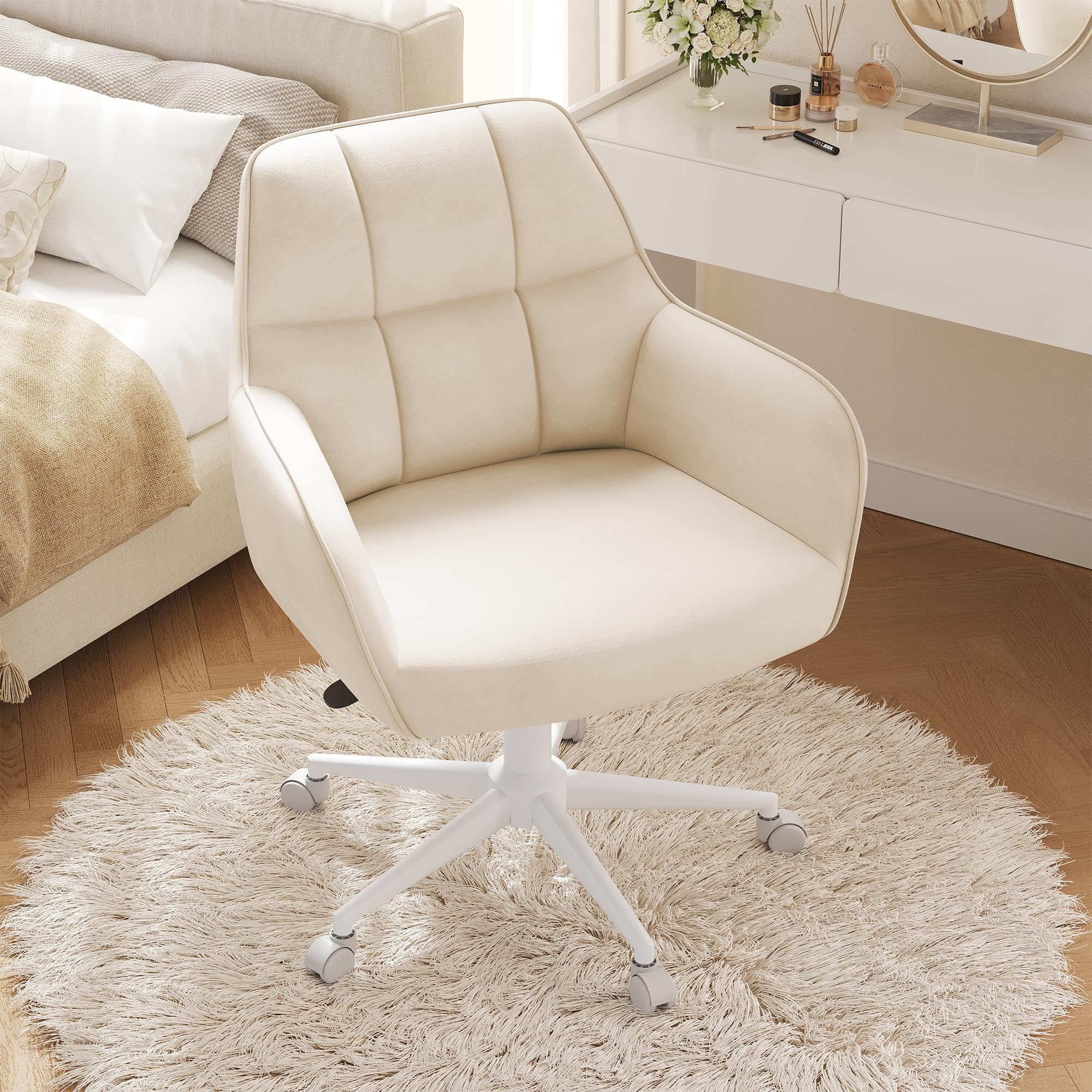 YOUDENOVA Schreibtischstuhl, Drehstuhl mit Rollen, Schminkstuhl Höhenverstellbar, Homeoffice Stuhl, Bürostuhl Ergonomisch, Vanity Chair für Mädchen Arbeitszimmer Schlafzimmer Büro, Samt Beige