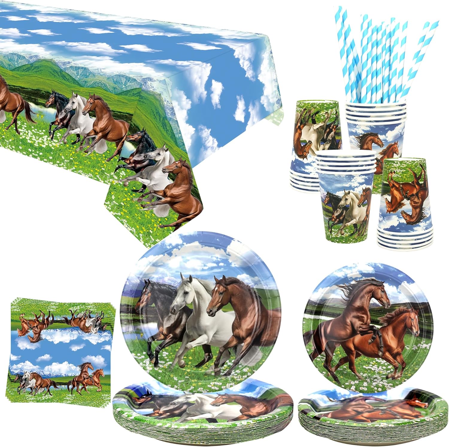 Horse Party Supplies - Horse Party Tableware - Dinner Plates Desserts Plates Cups Napkins Tablecover Straws for Horse Racing Cowboy Western Boy Birthday Party Supplies Decorations, Serves 20 (20)
