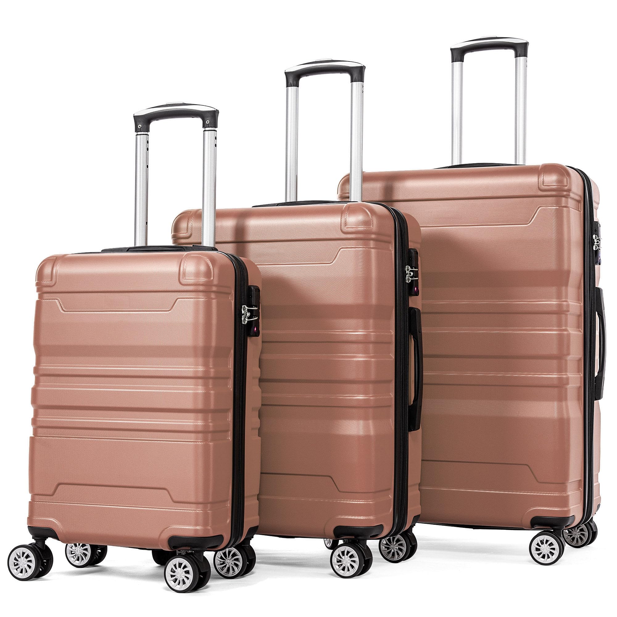 Set 3 Valigie Rigide, Valigia Trolley da Viaggio con lucchetto TSA e Ruota Universale, Espandibile, Maniglia Laterale, ABS, Valigia Bagaglio a Mano, Leggero Valigia Cabina, M-L-XL, Oro rosa