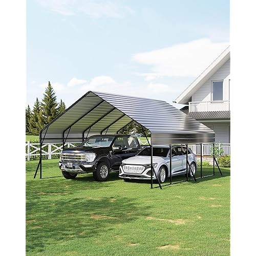 Garvee 20'x20'x13.4' Metal Carport, Heavy Duty Car Ports Kit All-Weather for 2 Full-Size Pickup Trucks, Boats, RVs, Tractors, Reinforced Frame with Anchors