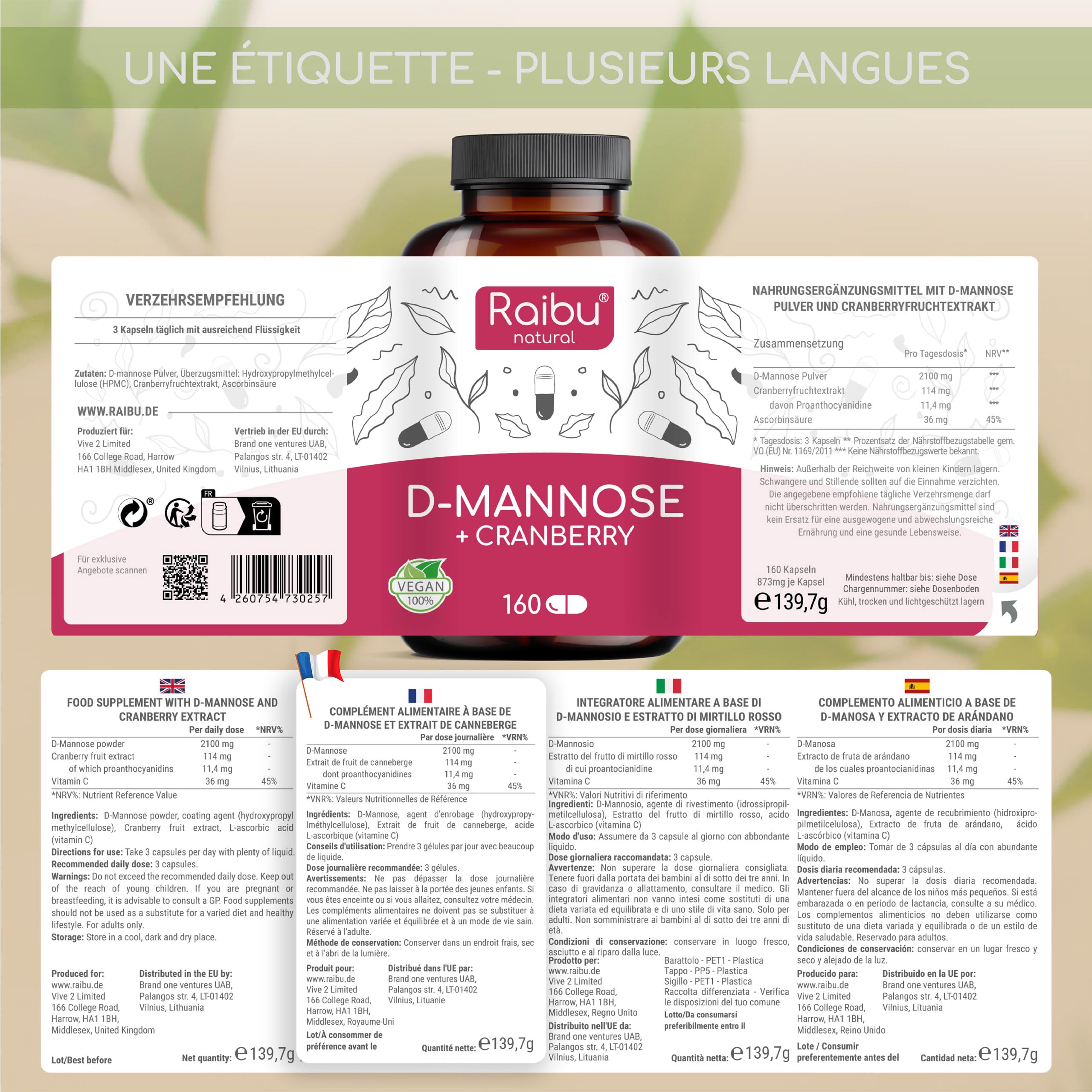 D-Mannose Raibu - Pur 2100 mg par Dose Quotidienne Fortement Dosée - Avec canneberge et vitamine C, 160 gélules - D Mannose Végan, sans additifs & hautement biodisponible - Testé en laboratoire