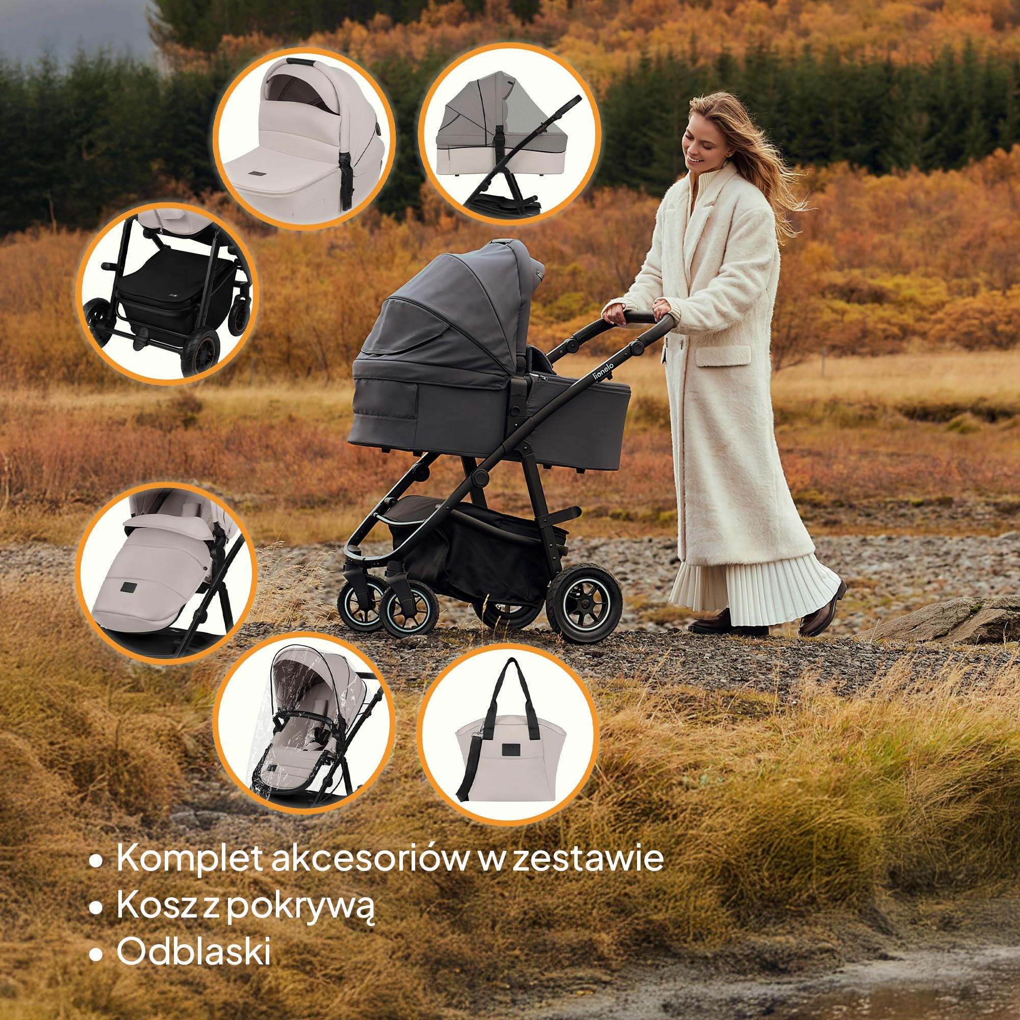 LIONELO AMBER PLUS 2 w 1 Spacerowy Wózek Dziecięcy od 0 do 4 lat do 22kg z Gondolą XL, Regulacja Oparcia, 5 Punktowe Pasy Duże Terenowe Koła 360o Budka XXL Amortyzacja Spacerówka