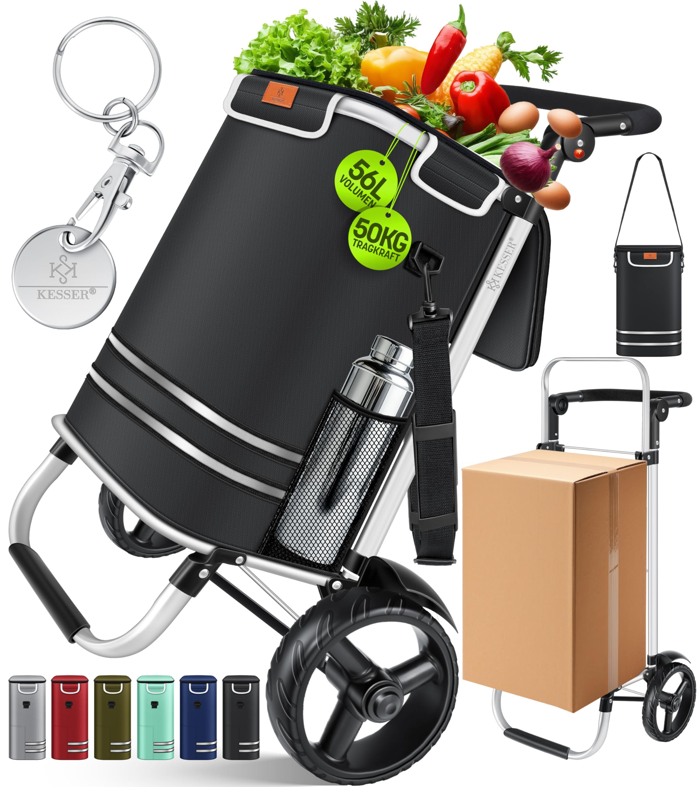 KESSER® Einkaufstrolley klappbar mit 56L Kapazität und belastbar bis 50kg | 3in1 Trolley Sackkarre & Umhängetasche | Faltbarer Einkaufswagen inkl. Kühlfach & Einkaufschip | Treppensteiger Schwarz