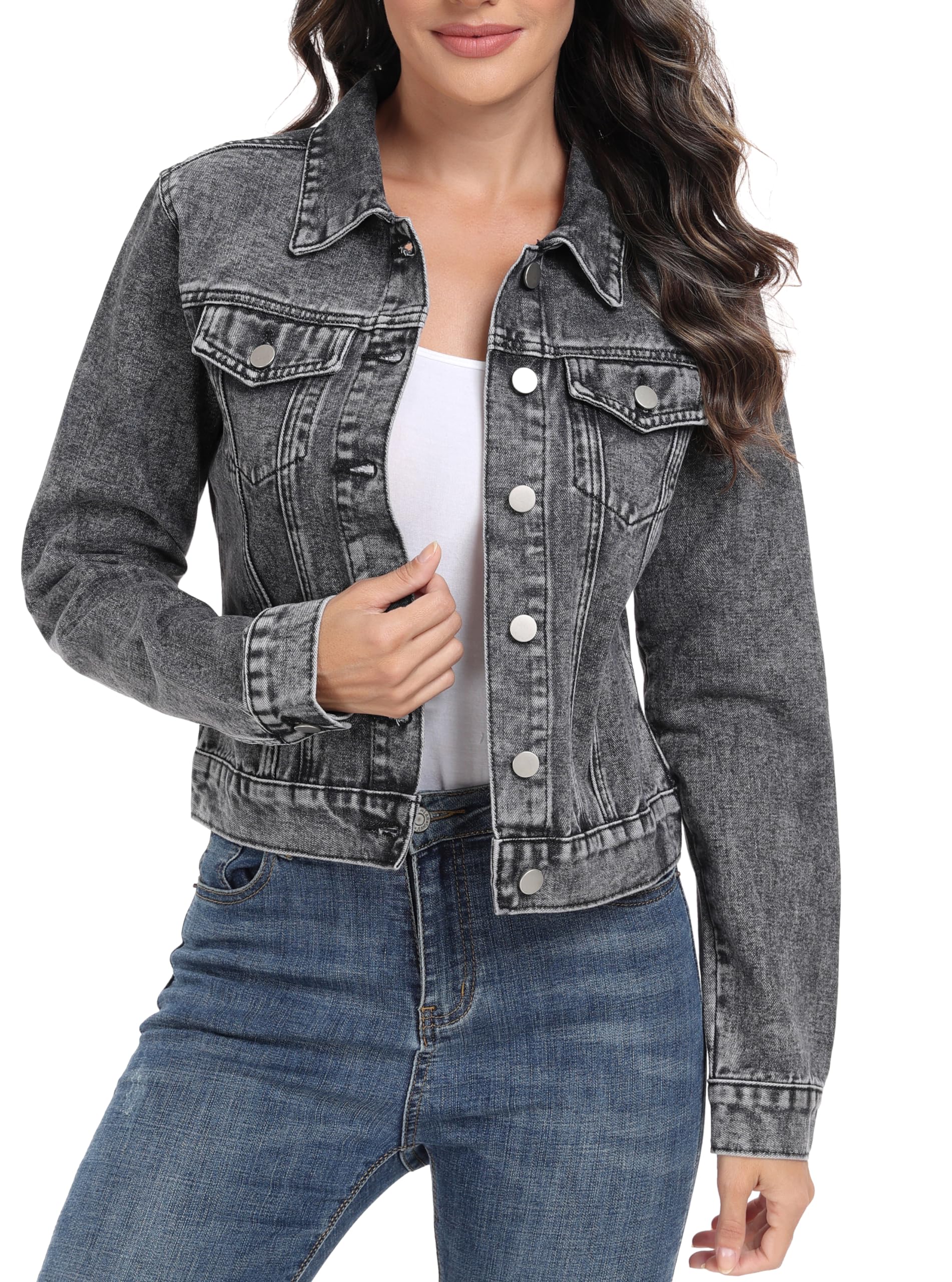 andy & natalie Women's Denim Jackets Cropped Jean Jacket Long Sleeve Basic Button Down Crop Jean Jacket with Pockets