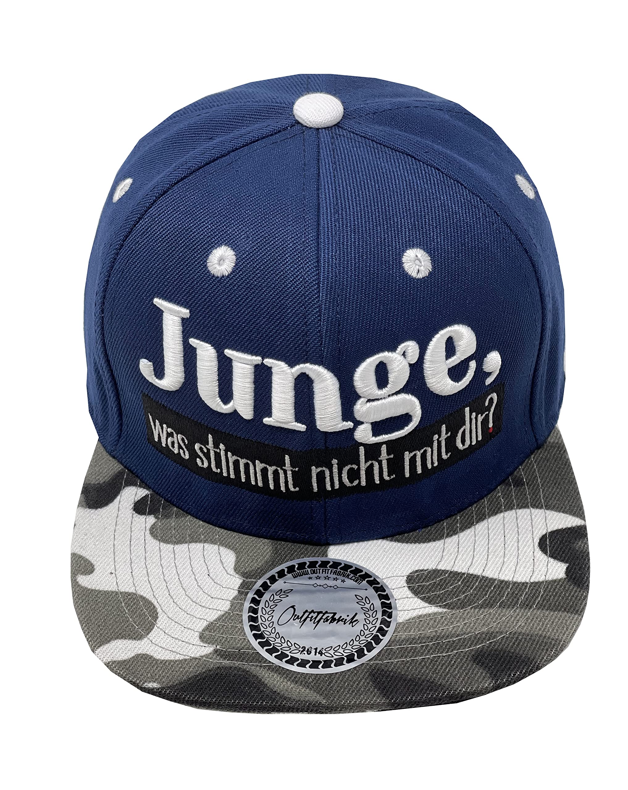 Outfitfabrik Snapback Cap Junge, was stimmt Nicht mit dir? in blau, Schirm im Schneetarn-Muster, mit weißem 3D-Stick (Provokation, Statement) Unisex, One Size, verstellbar