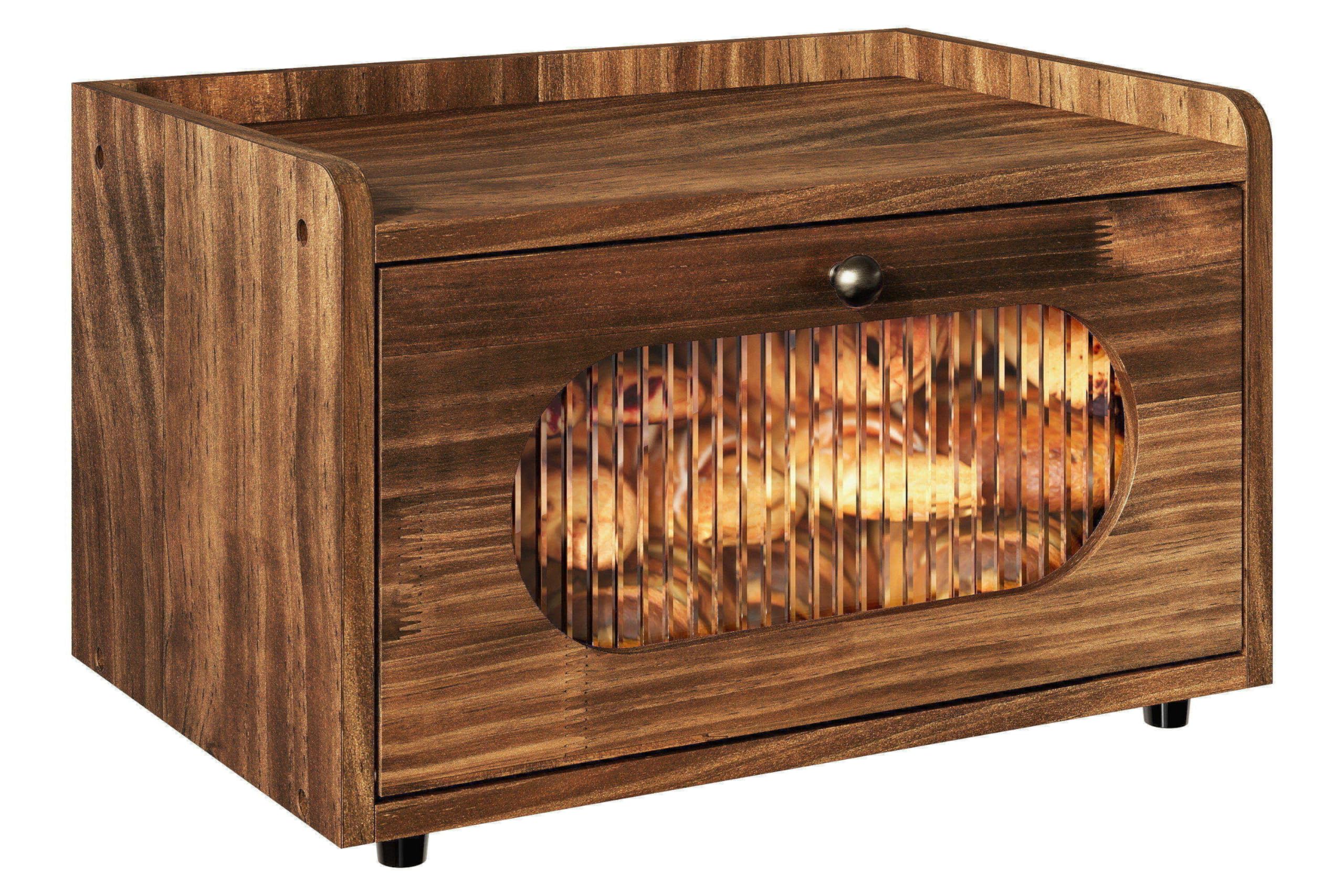 Alpeir Wooden Bread Bin for Kitchen Worktop, Stackable Corner Bread Box, Single Layer Bread Storage Box with Acrylic Window, Kitchen Countertop Organiser for Bread, Potatoes, Onion Glasses, - retro brown.