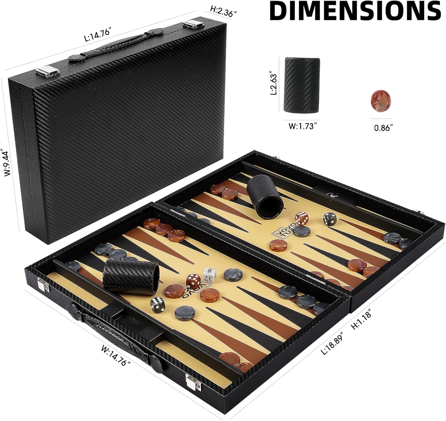 Backgammon Sets for Adults, 15 Inch Backgammon Board Game, Premium Carbon Fiber PU Leather Backgammon Set, with Checkers & Dices, Large Black Travel Backgammon