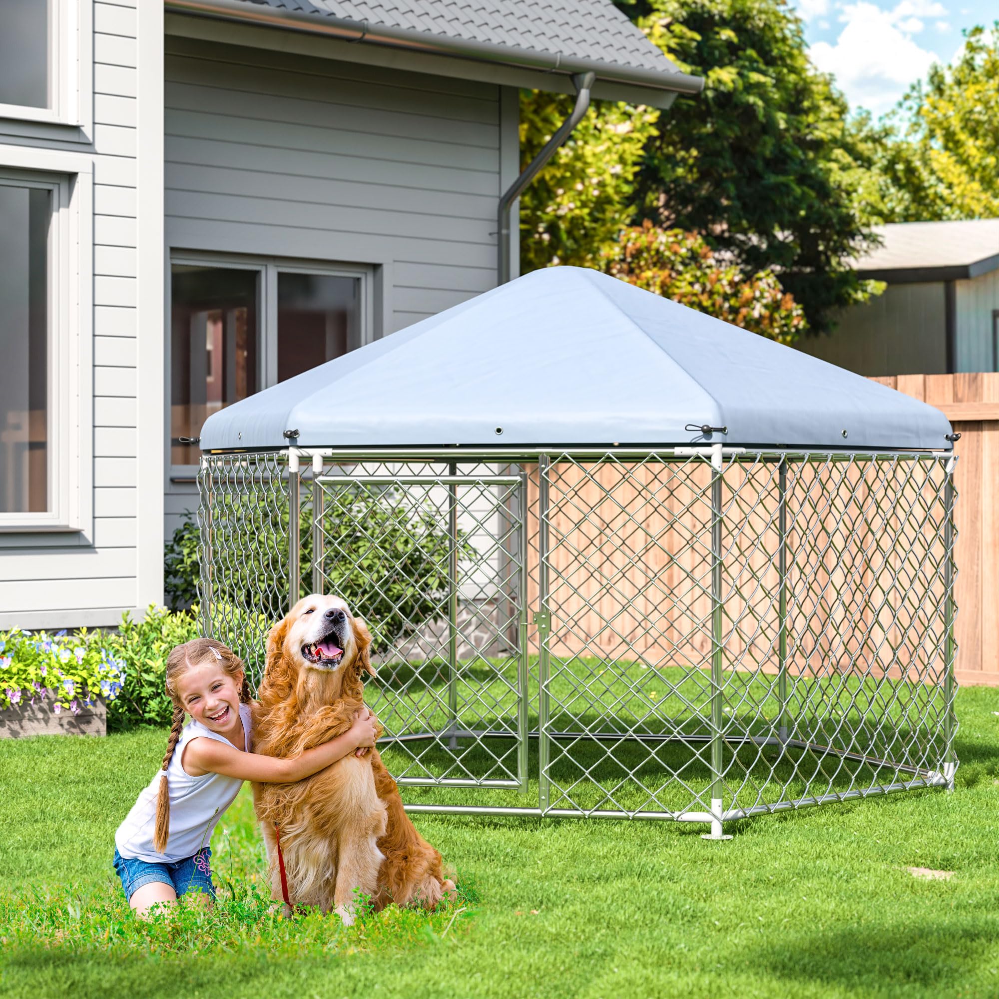 DAKITO 6.9x6.9x4.9 FT Large Dog Kennel Outside with Roof,Outdoor Dog Kennel with Metal Gate,Heavy Duty Dog Kennel with Lock for Outdoor Backyard.