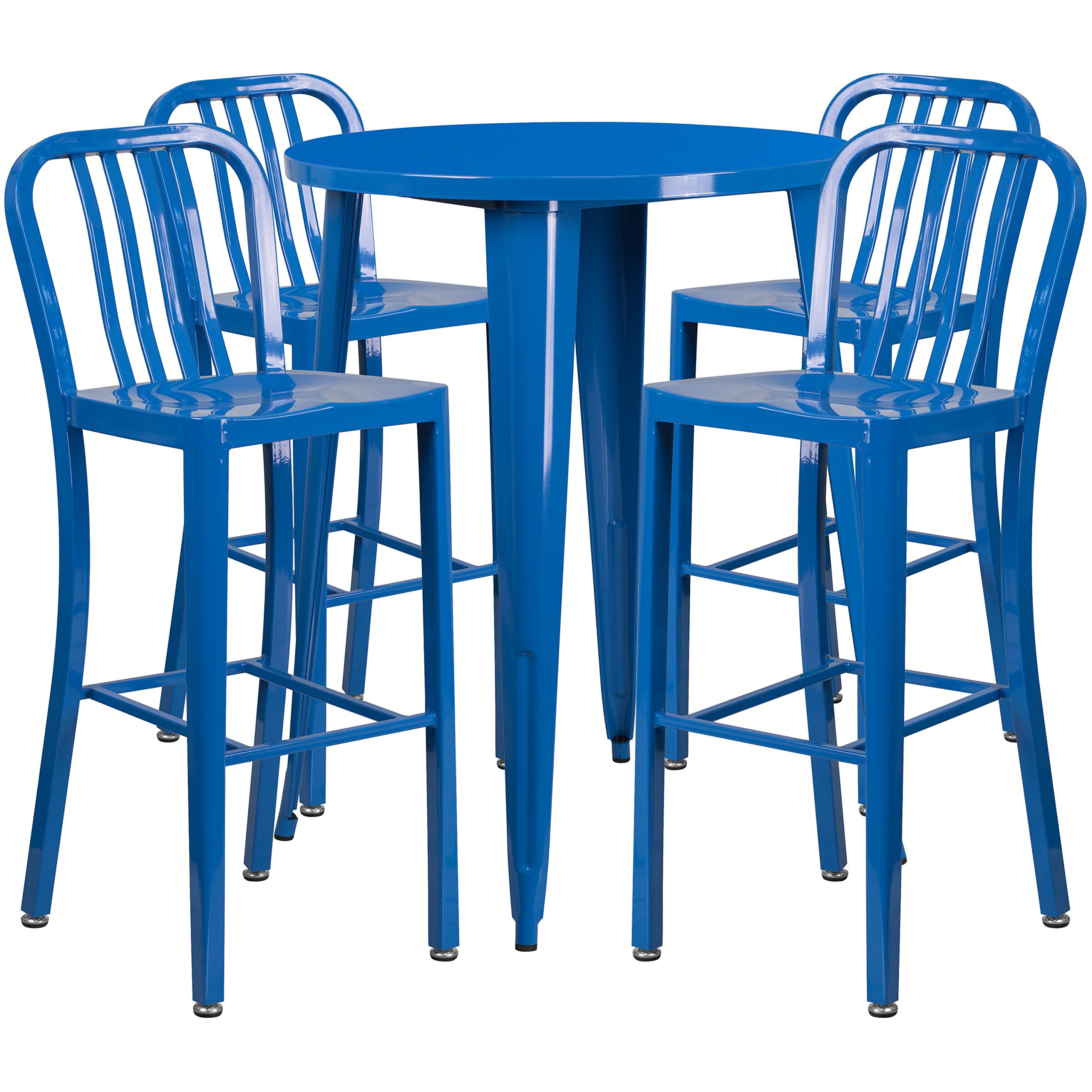 Commercial Grade 30" Round Red Metal Indoor-Outdoor Bar Table Set with 4 Vertical Slat Back Stools by Flash Furniture – 30"W x 30"D x 41"H, Model CH-51090BH-4-30VRT-RED-GG