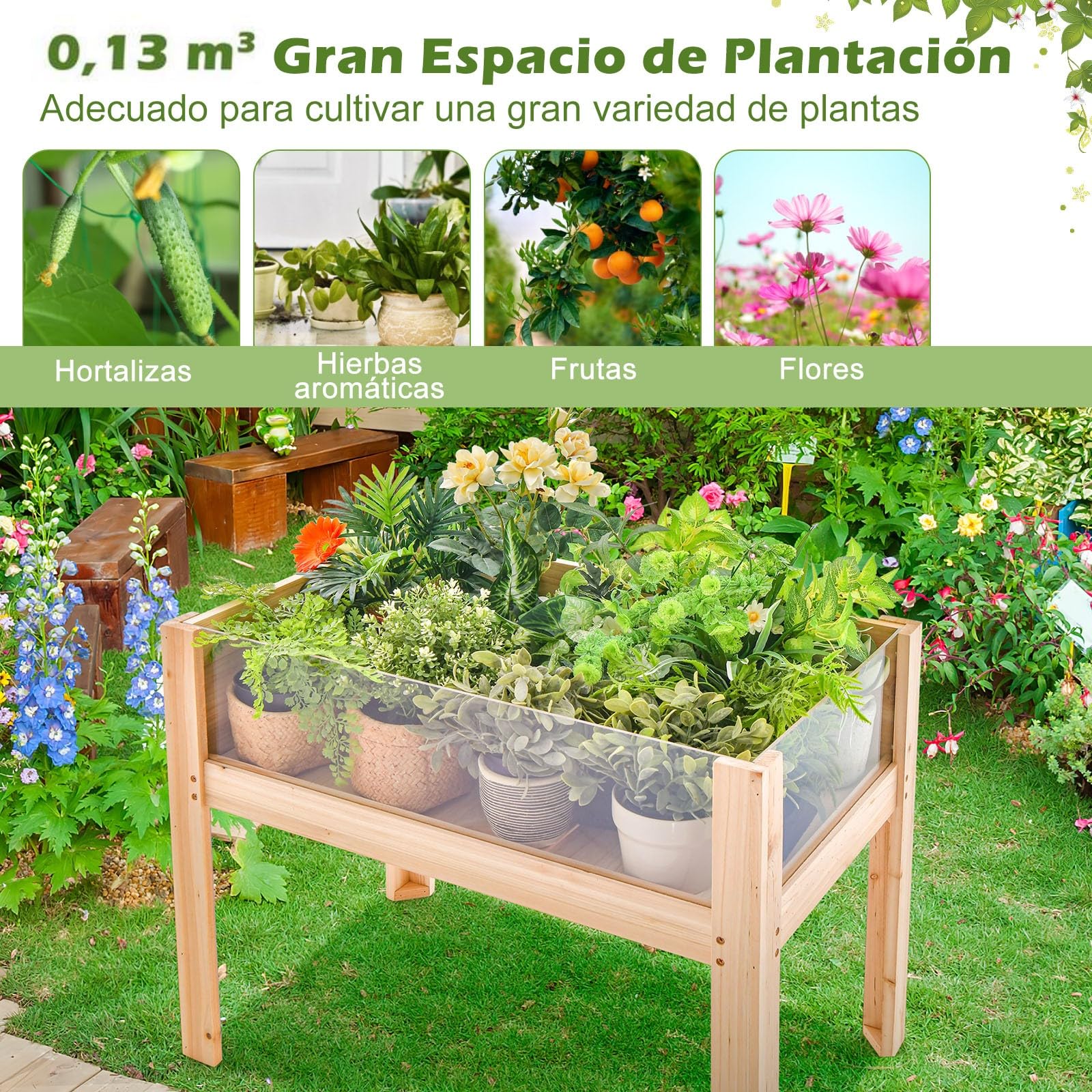 GOPLUS Jardinera Elevada de Madera Abeto 130L, Huerto con Paneles Acrílicos y Orificios de Drenaje, Cama Elevada de Jardín para Plantas, Verduras, Frutas, Hierbas, Flores (100x59x77cm)