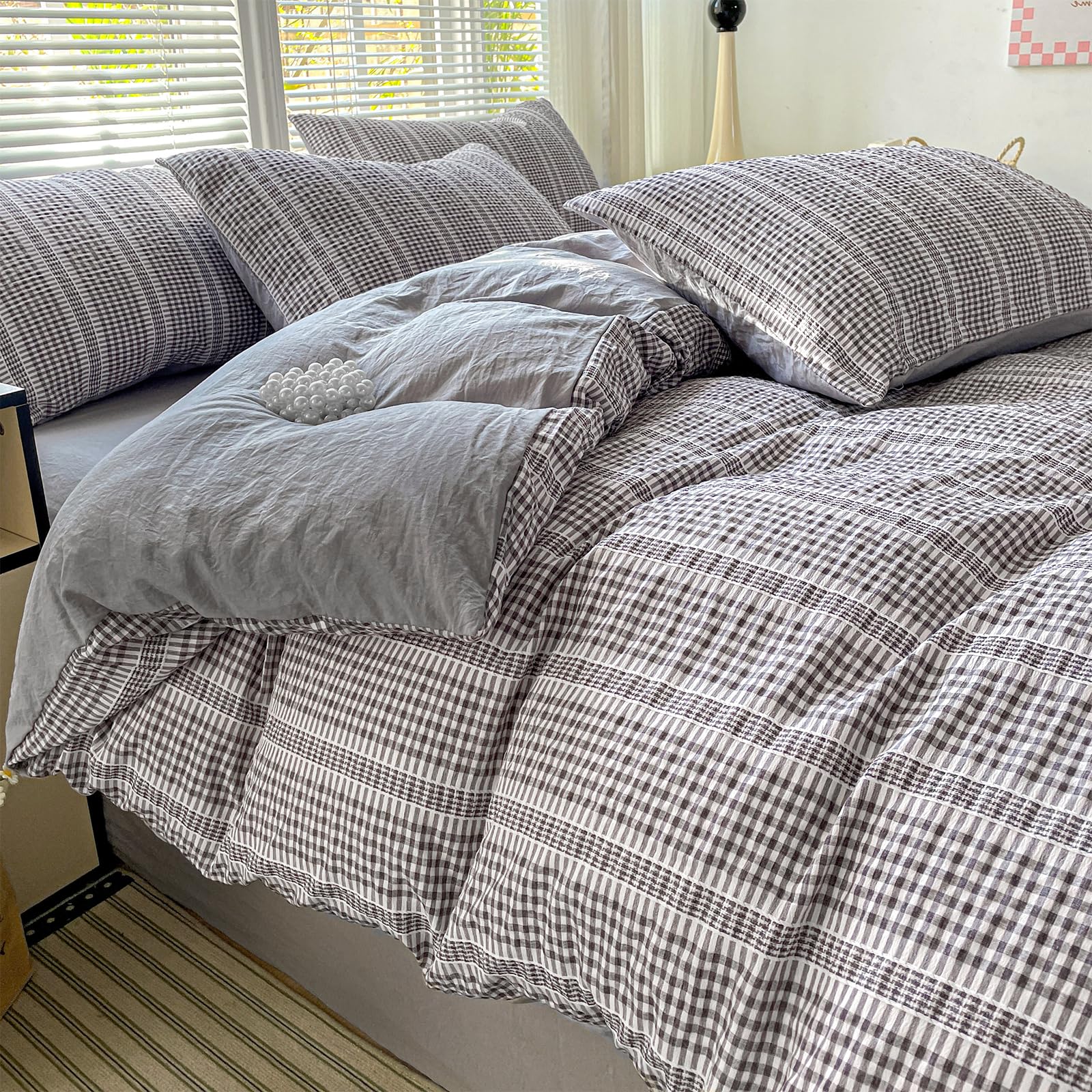 Guchuang King Size Duvet Cover Set, Grey Seersucker Bedding Set - Soft Microfiber, Wrinkle-Resistant Duvet Cover with Hidden Zipper (King, 220x230cm) — image 1