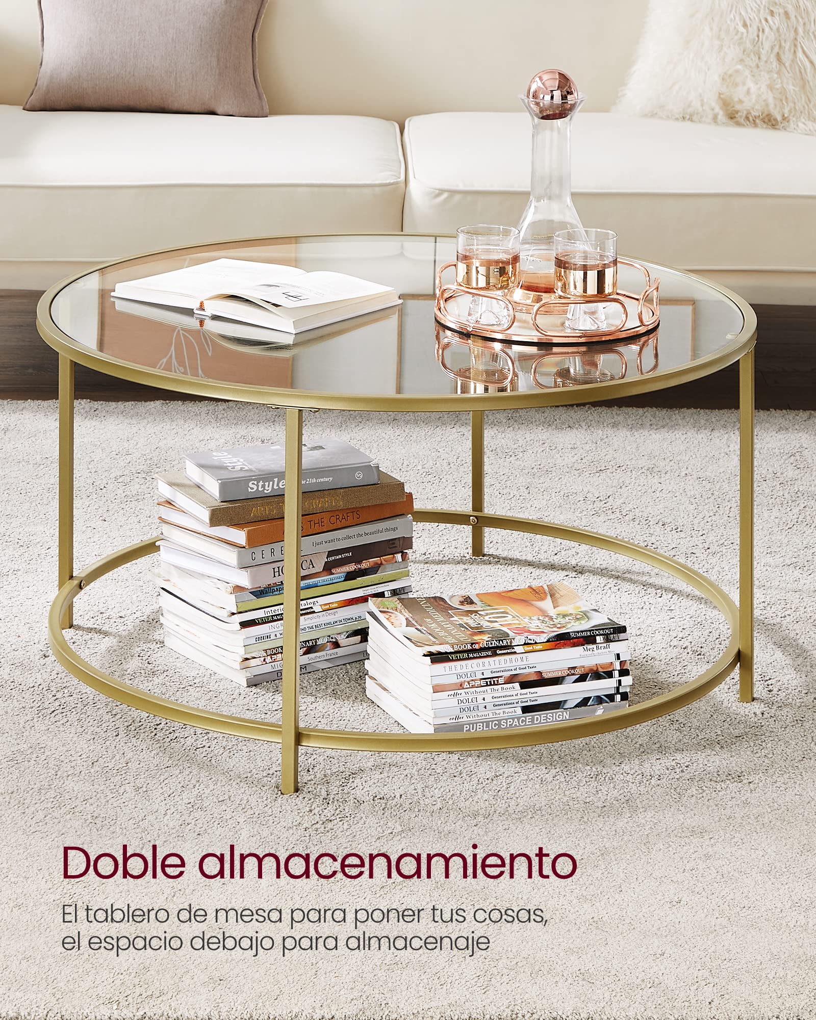VASAGLE Mesa de Centro Redonda, Mesa de Cristal con Marco de Acero, Mesa de SalÓn, Mesa de CafÉ, Dorado LGT21G