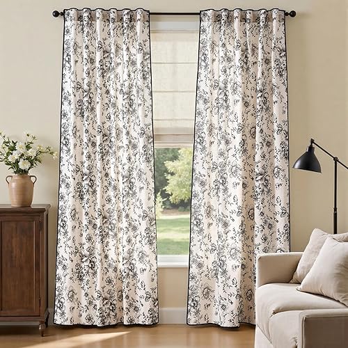 JINCHAN Cortinas de mezcla de lino con flores para sala de campo francés, cortinas para sala de estar de 84 pulgadas de largo, cortinas impresas en