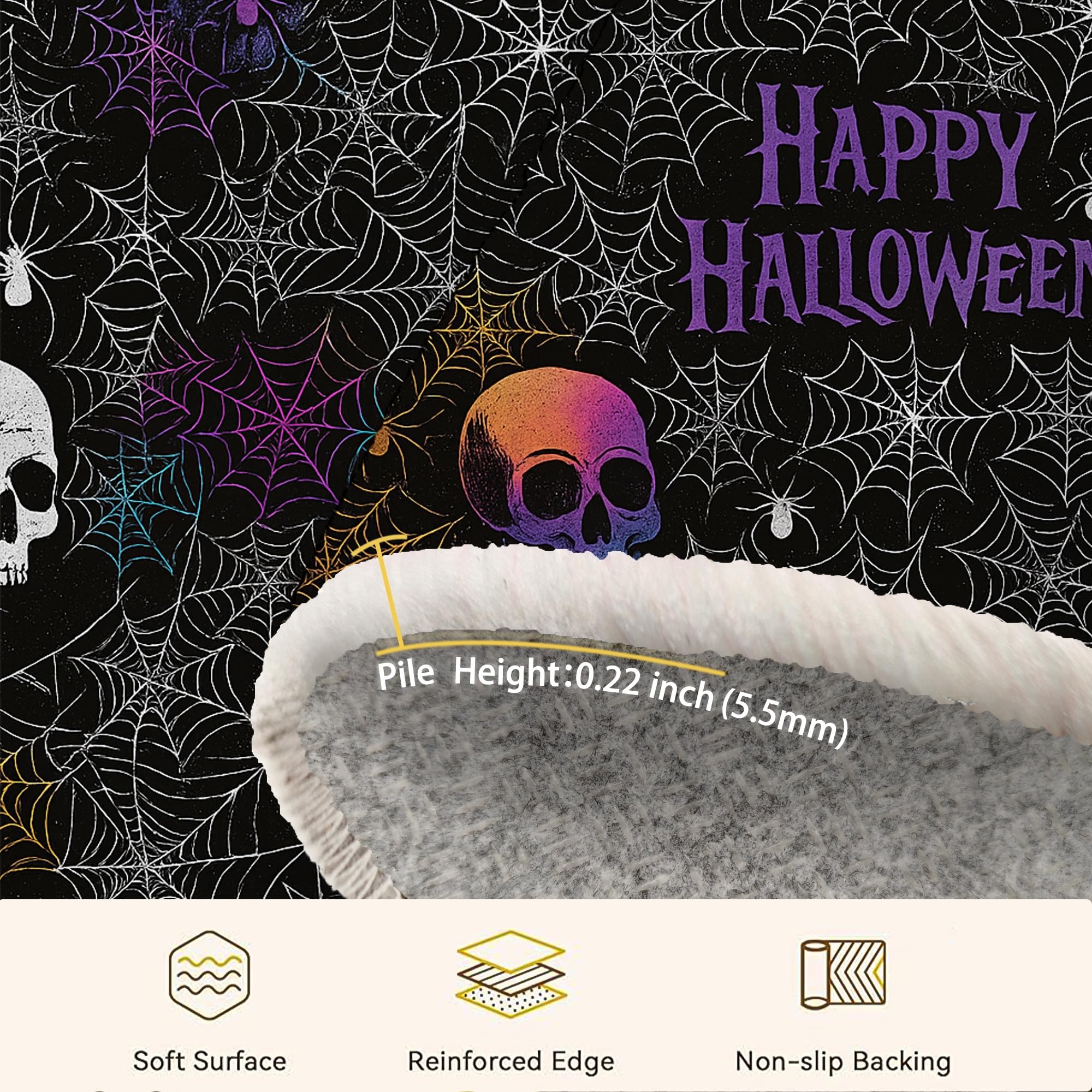 Tappeto a forma di teschio, per Halloween, gotico, ragnatela, Halloween, nero, a pelo basso, rettangolare, per soggiorno, camera da letto, corridoio, ufficio, decorazione 15 x 18 cm