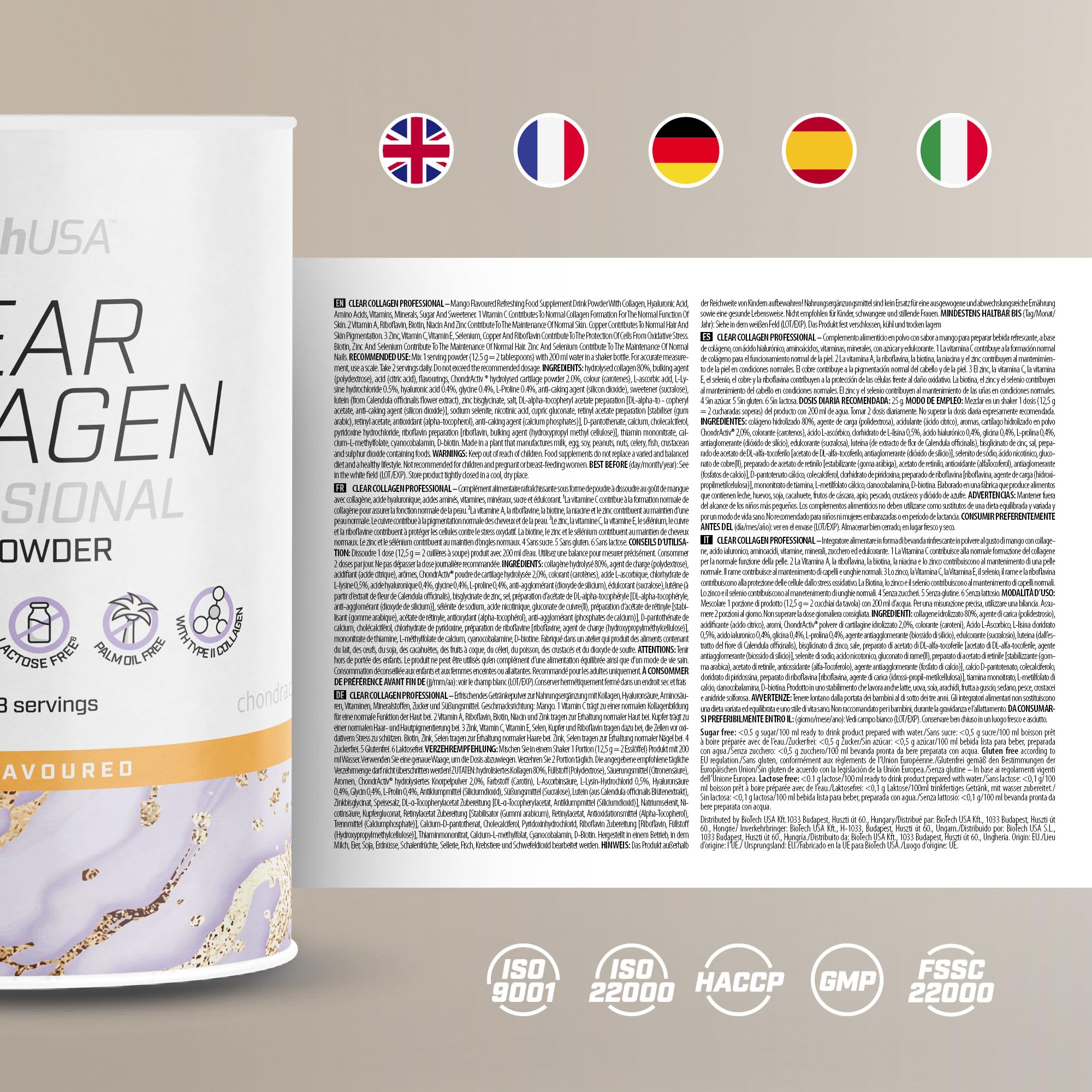 BioTechUSA Clear Collagen Professional | Boisson en poudre aromatisée | 20,275 mg de collagène de type I et II | Acide hyaluronique | Vitamines et minéraux | Sans sucre, 350g, Mangue