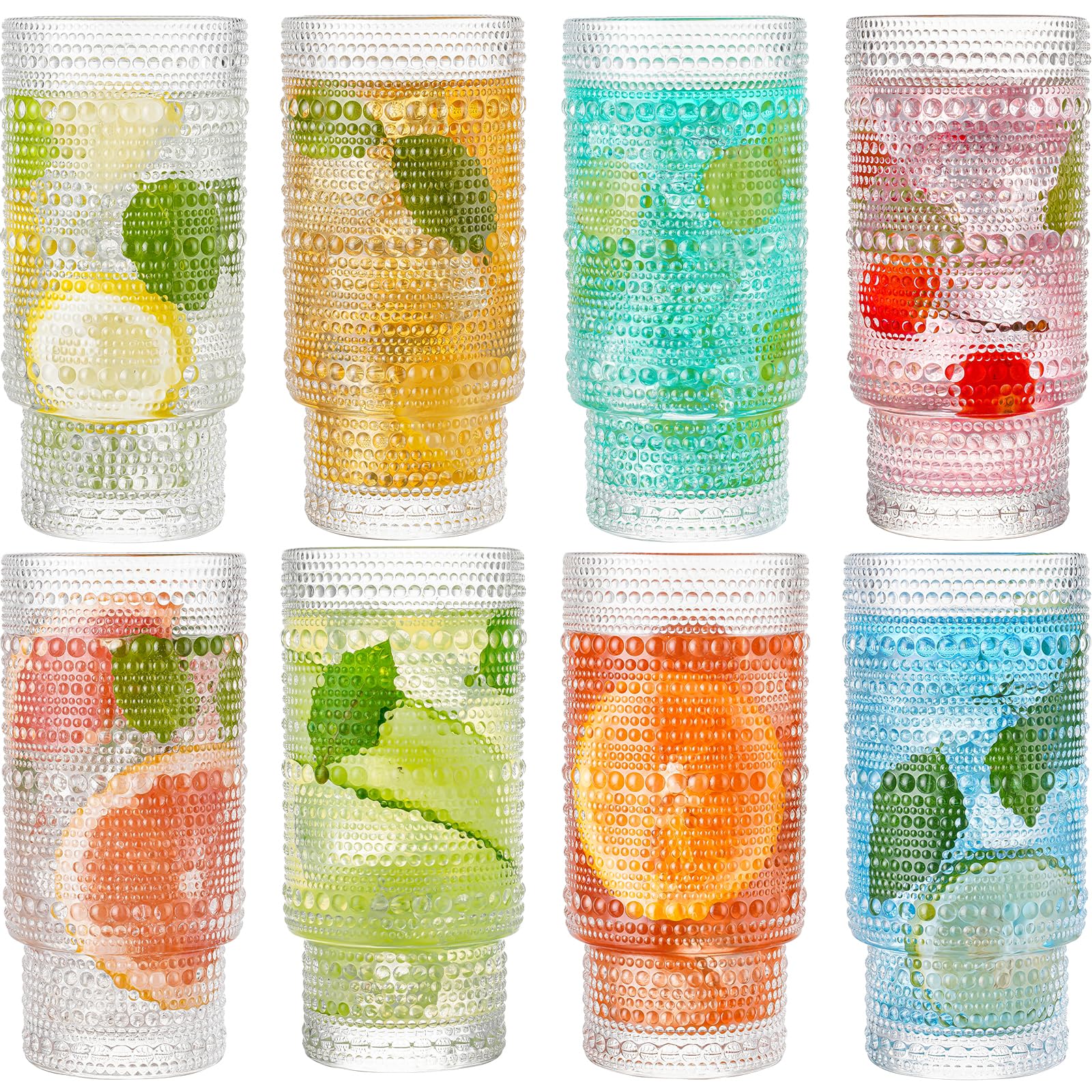 wookgreat Drinking Glasses, 8 pcs Embossed Designed Glass Cups, 16oz Highball Glasses, Ripple Vintage Glassware, Ribbed Glasses, Striped Glasses, Iced Coffee Glasses for Cocktail, Whiskey, Juice