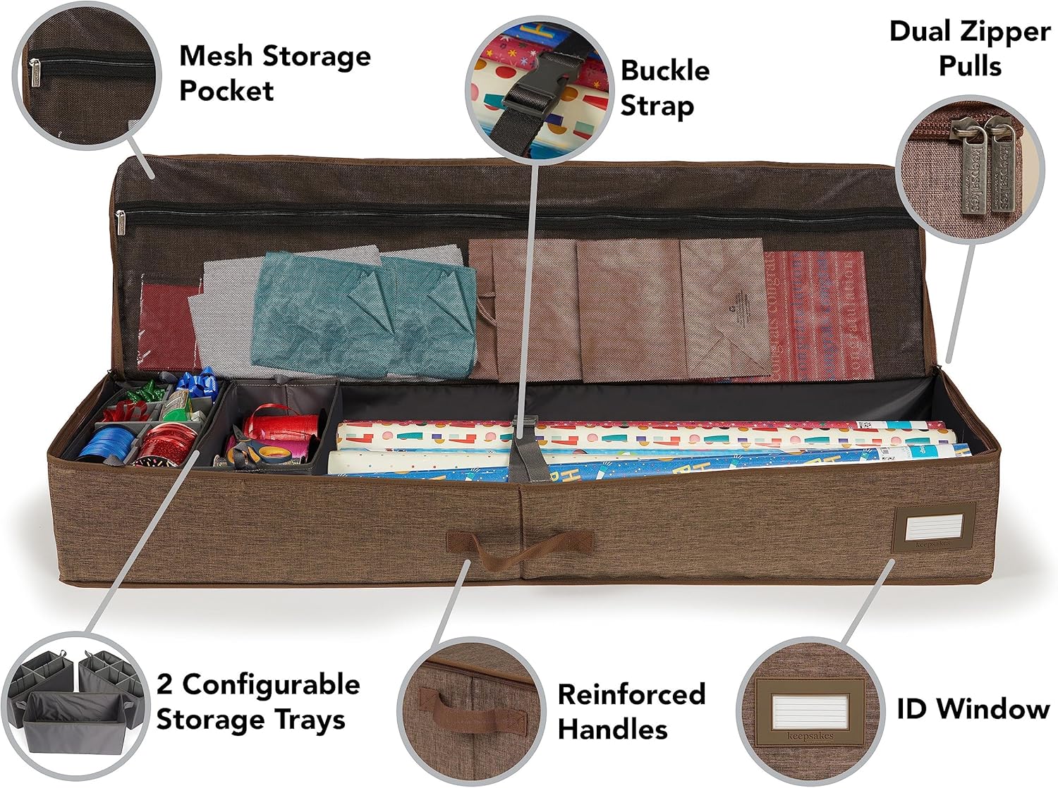 Covermates Keepsakes Deluxe Gift Wrap Storage Bag, Heavy Duty Polyester Organizer, ID Window, Mesh Pocket, Buckle Strap, Dual Zipper Closure, Holiday Wrapping Storage, Brown Heather