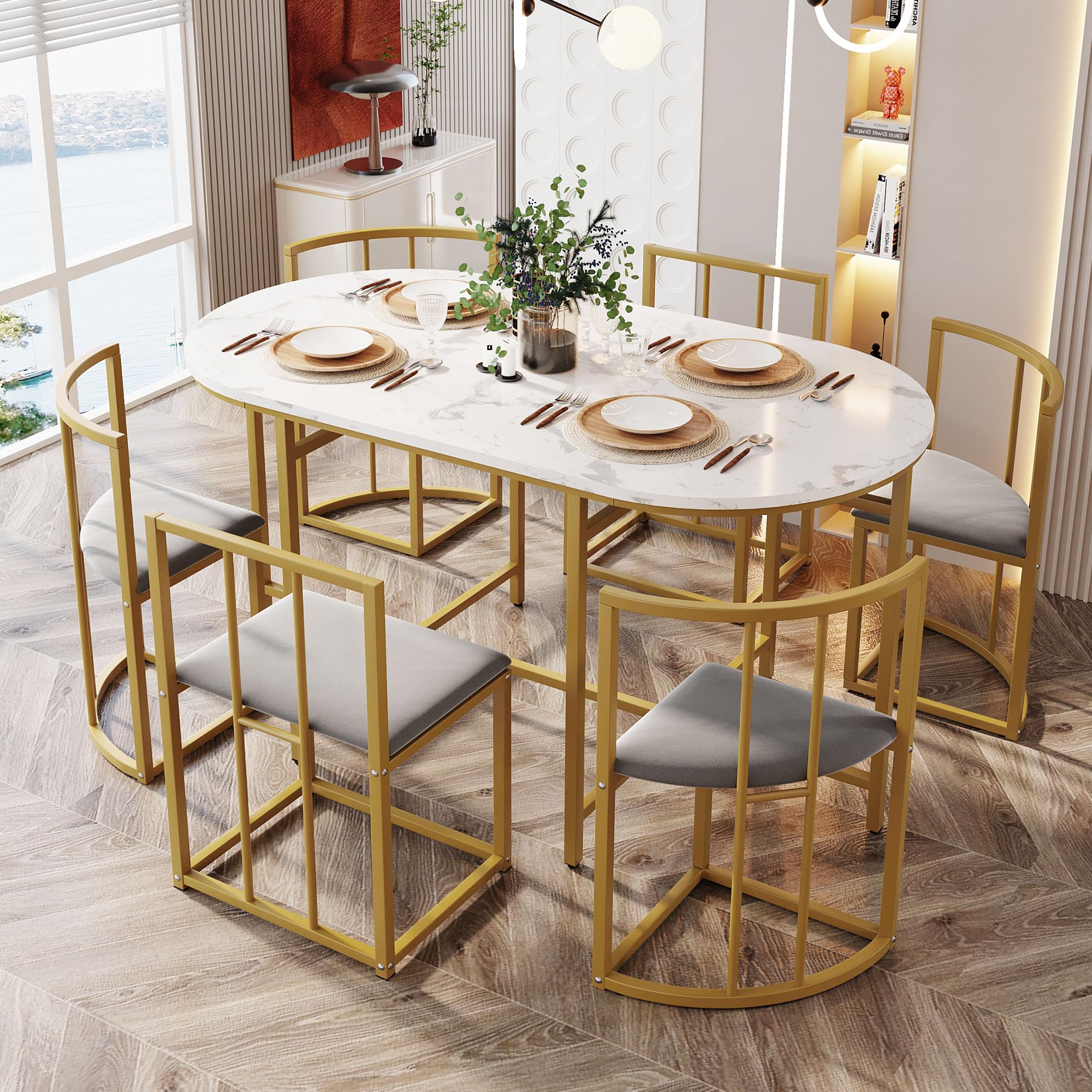 ModernLuxe Dining Table and Chairs Set 6, White Marble Pattern Kitchen ...