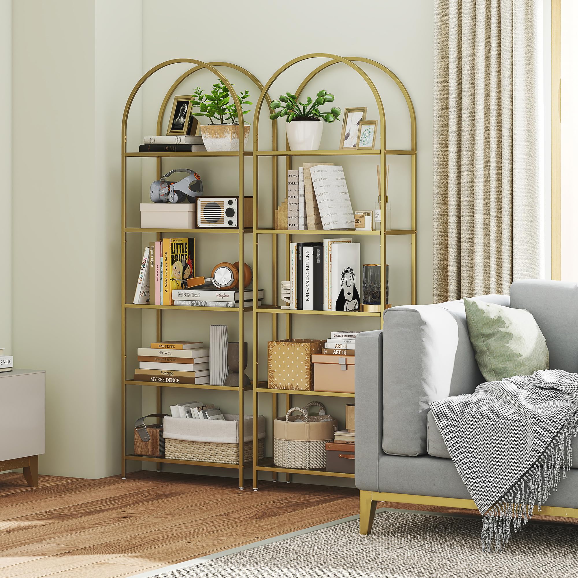HOMCOM Libreria Scaffale ad Arco a 5 Ripiani, Scaffale Portaoggetti Moderno in Vetro Temperato con Struttura in Acciaio, per Bagno, Soggiorno, Camera da Letto, Studio e Ufficio, 60x30x175 cm, Oro