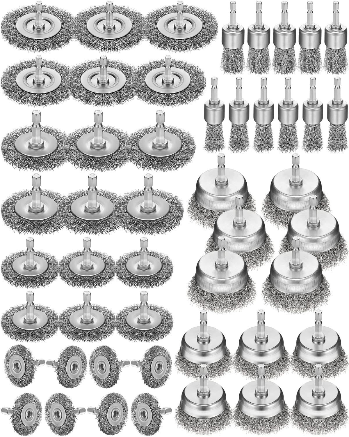 Rtteri 50 Pcs Wire Brush for Drill Set Coarse Steel Crimping Wire Wheel Wire Cup Brush Abrasive Wheel Brushes for Drill 1/4 Inch Hex Shank Drill Rust Removal Attachments