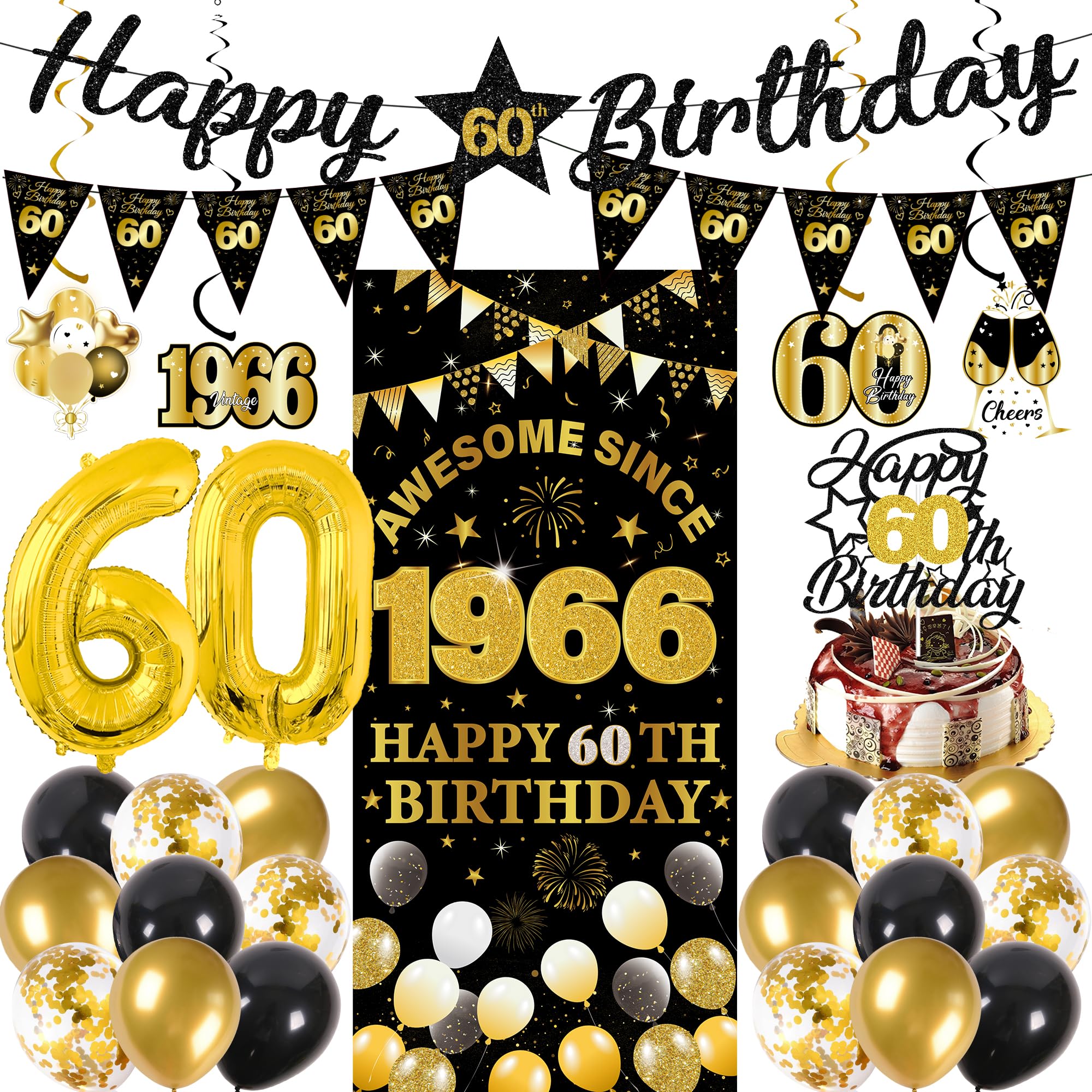 60th Birthday Decorations Men Women - 27 Pcs Black Gold Happy 60th Birthday Banner Triangular Flag Hanging Swirls Backdrop Cake Topper 60 Balloon Set for 60 Years Old Party Decoration Supplies