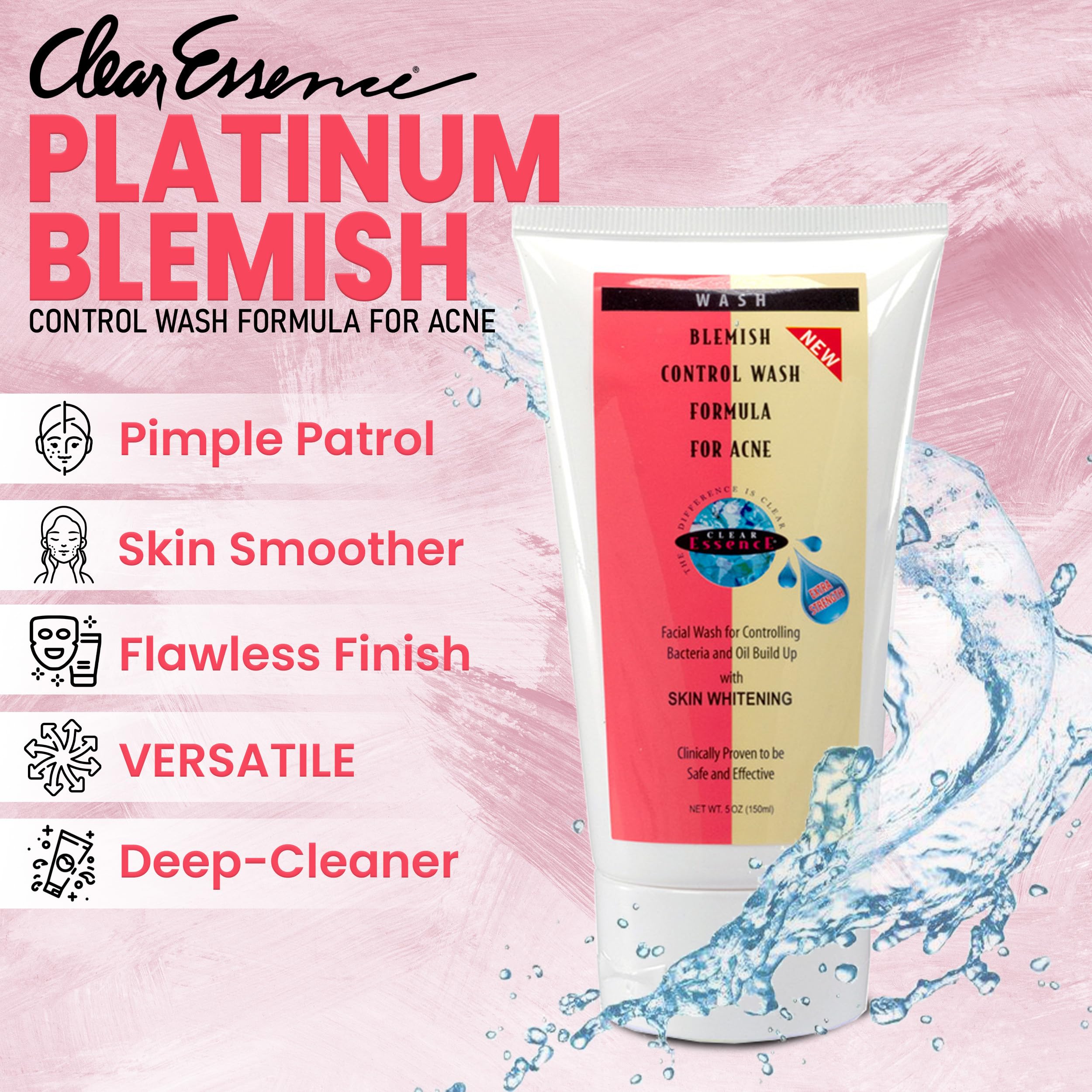 Clear Essence Platinum Blemish Control Wash Formula for Acne - Face Wash for Face, Neck, Chest or Body - Dermatologist Tested Face Moisturizer for Specifically Oily and Acne Prone - (5.0 Oz)