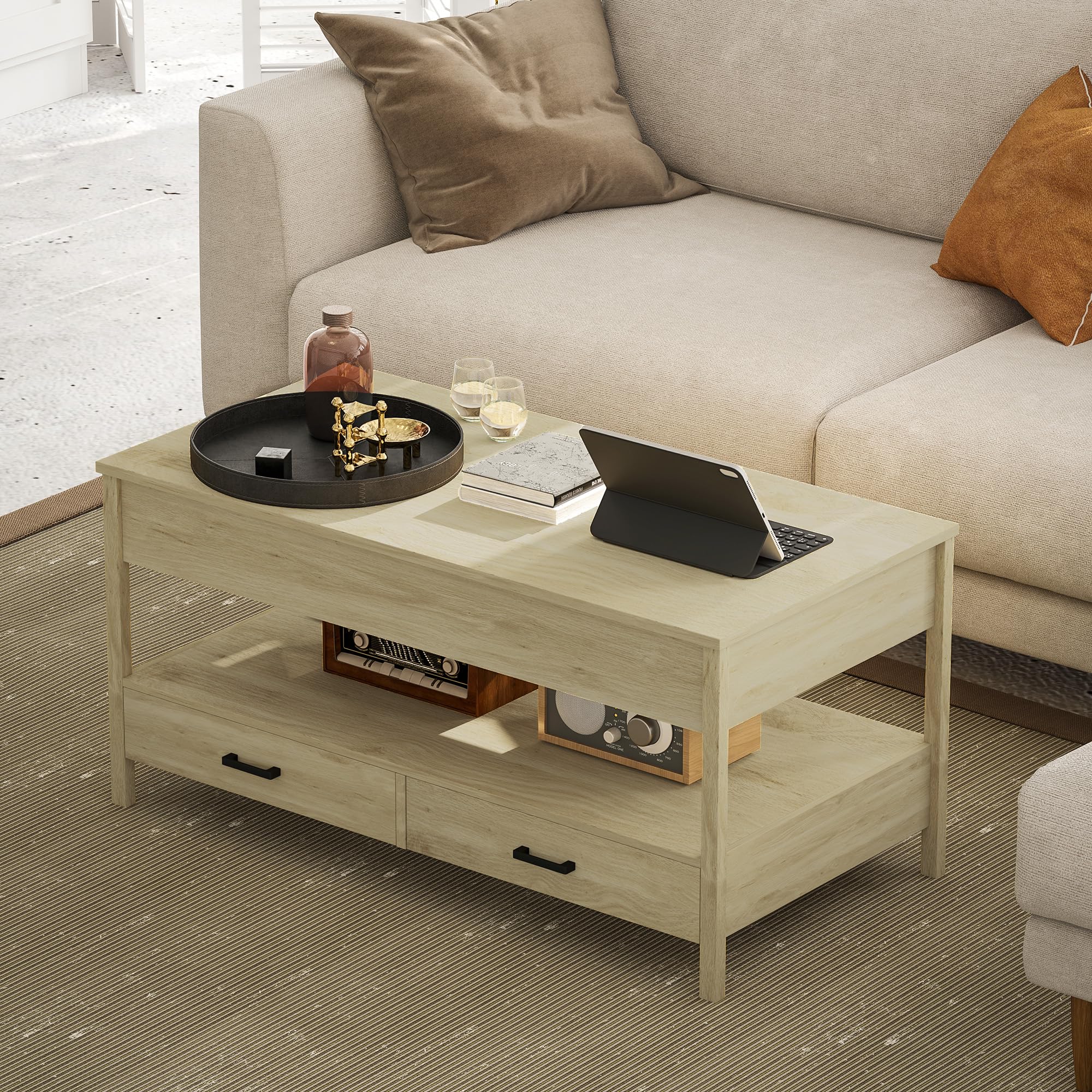 HOMCOM Mesa de Centro Elevable Encimera Elevable Cajones Roble | Mesa de Café, Espacio Oculto de Almacenaje, Estante Abierto, 100x50x48-62 cm