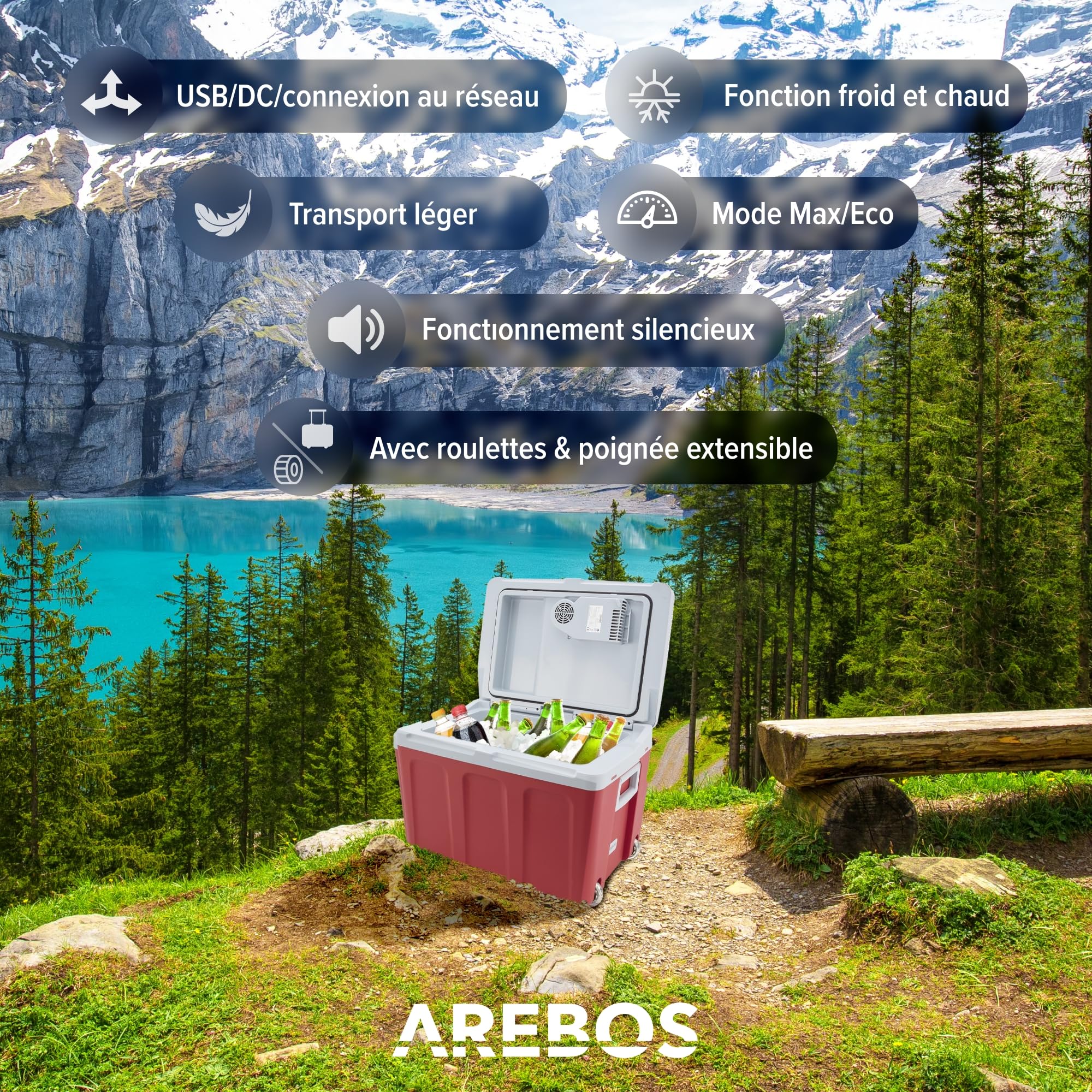 Arebos Glacière 40 litres | pour Refroidir & Maintenir au Chaud | Réfrigérateur Mobile | 12/230 V pour Voiture & Prise de Courant | Glacière électrique | Rouge [Classe énergétique E]