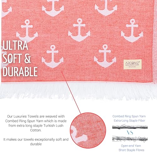Miniatura 3 de Toalla de playa turca de doble cara, 100 % algodón de fibra larga, suave, absorbente, de secado rápido, sin arena, prelavada, toallas para playa,