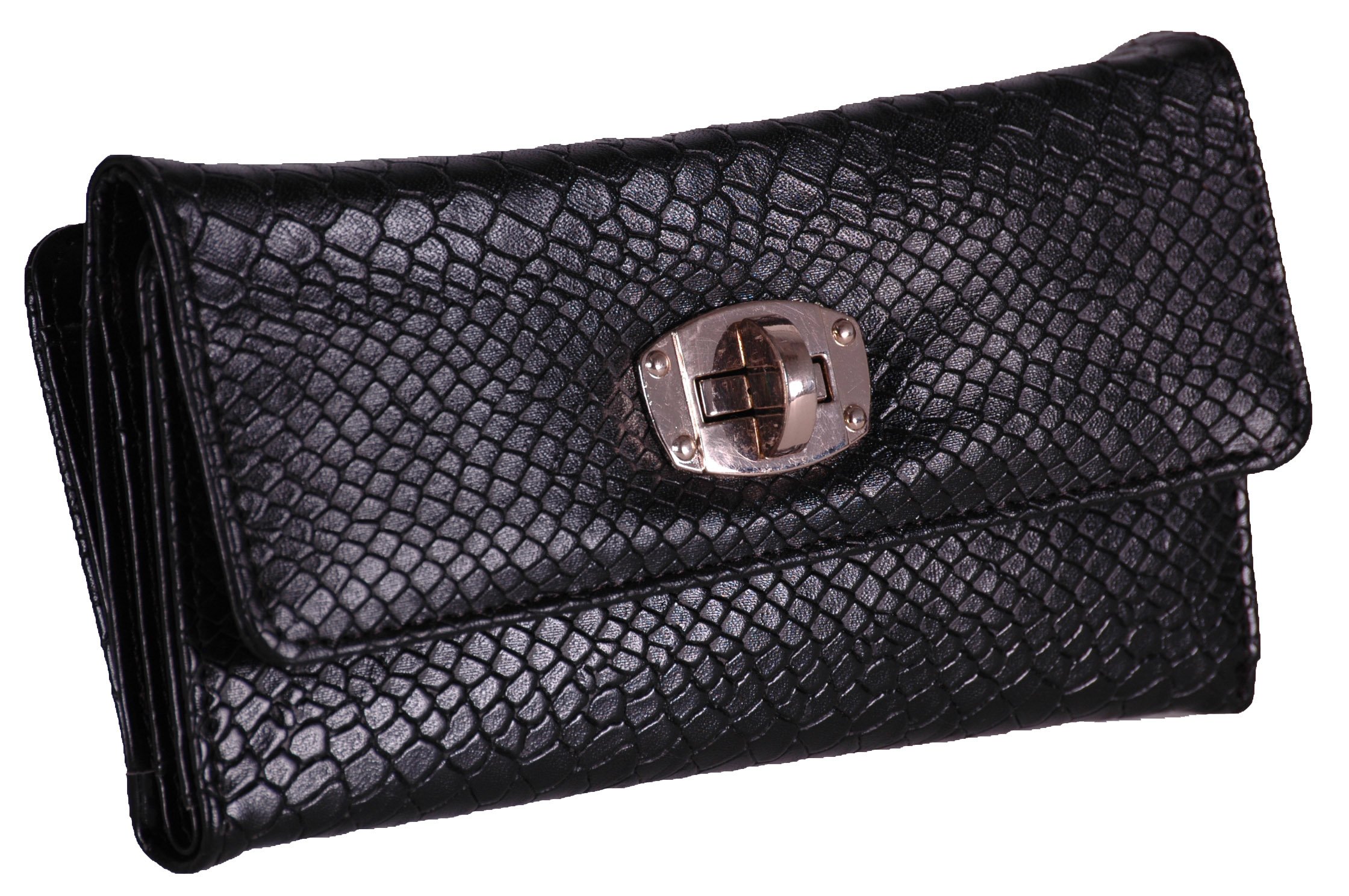 Eye Catch - Womens Large Faux Croc Leather Ladies Purse Wallet Black