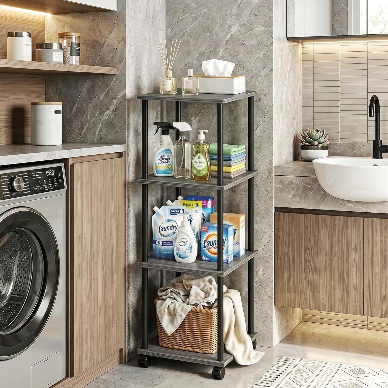 Bathroom Shelving Unit with Wheels, 4-Tier Narrow Open Floor Shelves, Metal Corner Slim Storage Rack for Bathroom Laundry Room Kitchen Living Room, Oak Grey