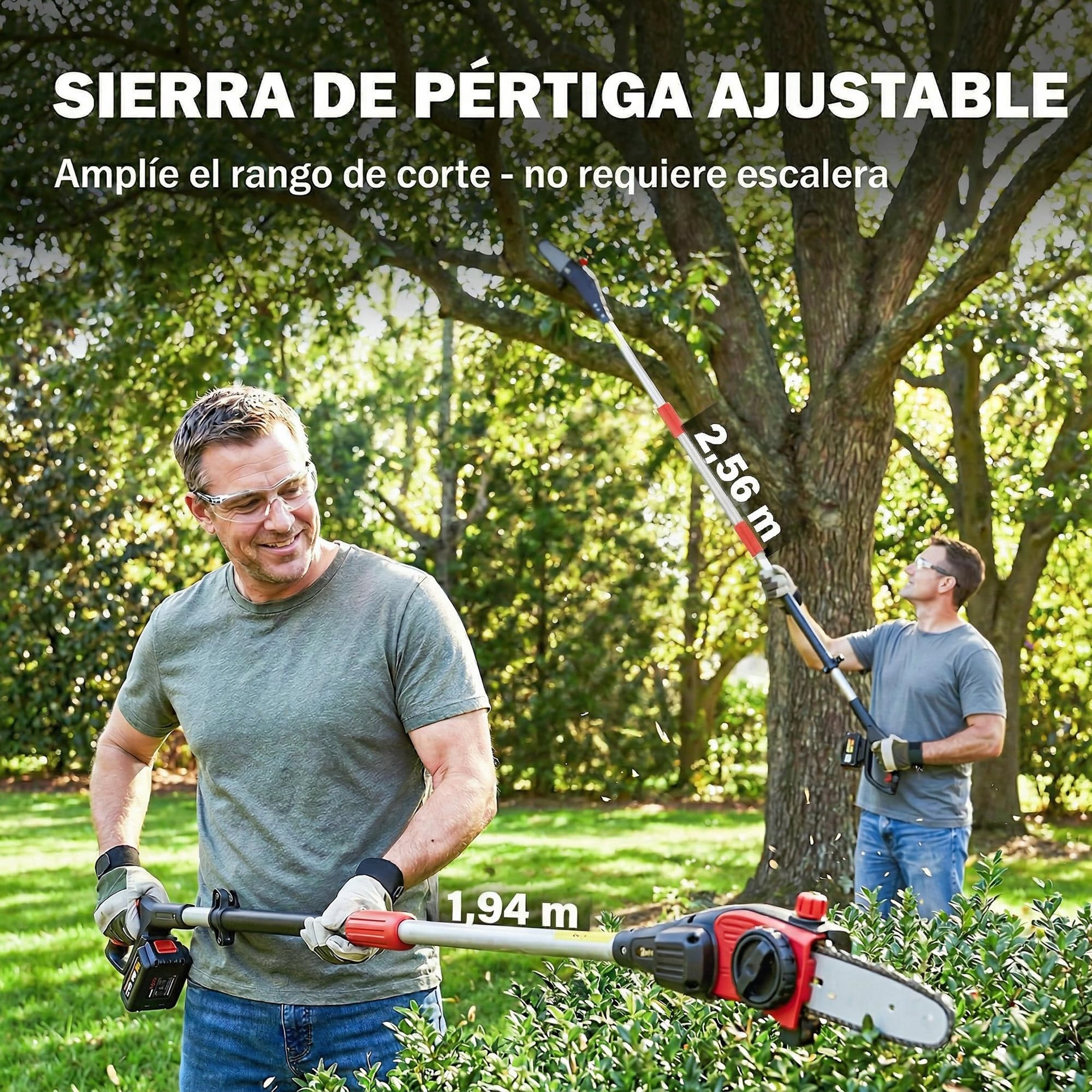 Outsunny Motosierra de Batería Extensible 1,94-2,56 m con Motor 300 W | Motosierra Eléctrica, 2 Baterías 4,0 Ah, Cargador, Doble Bloqueo, Lubricación Automática, Correa, 6 m/s para Podar Árboles