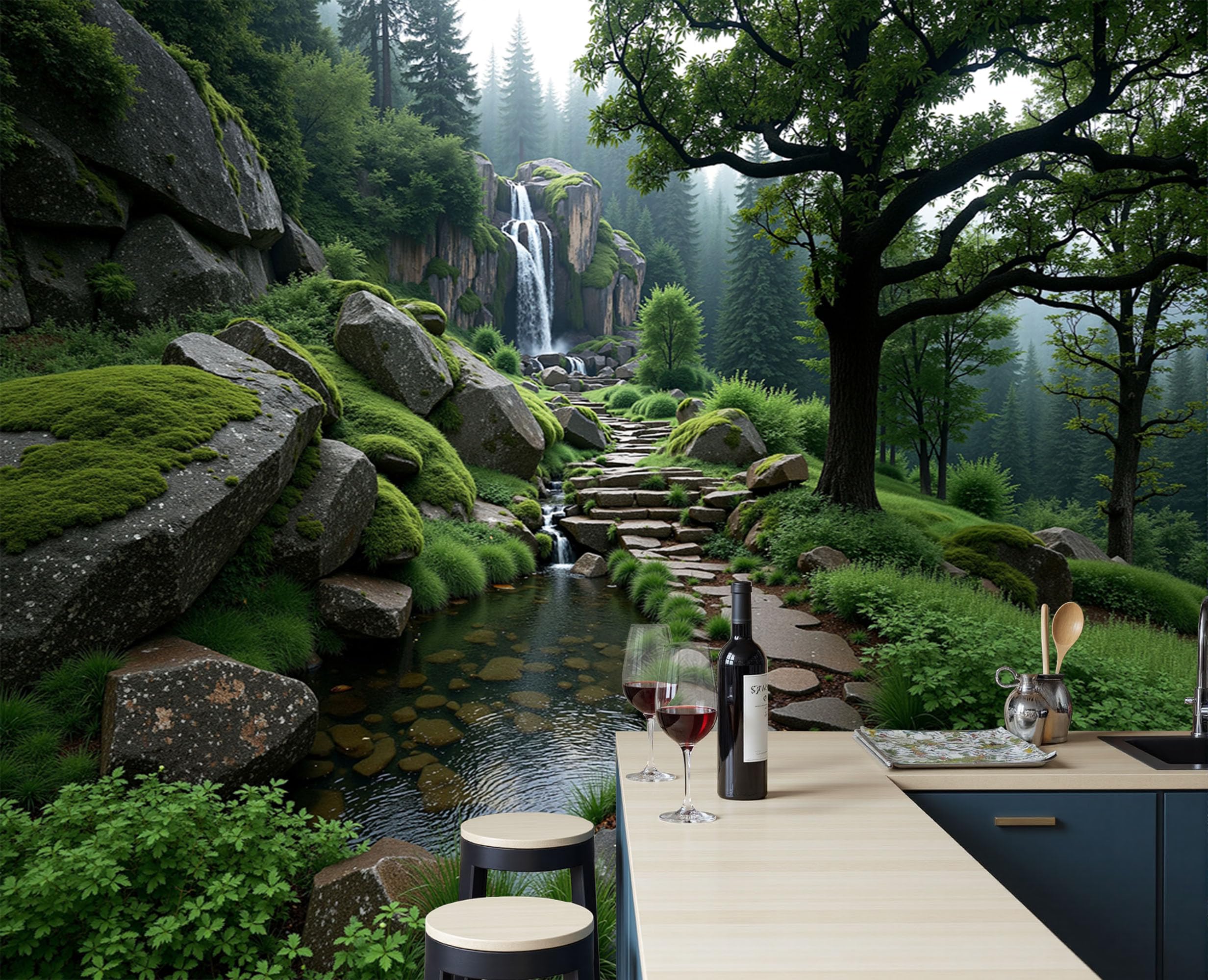 Papier peint panoramique cascade et forêt : revêtement mural luxe 3D