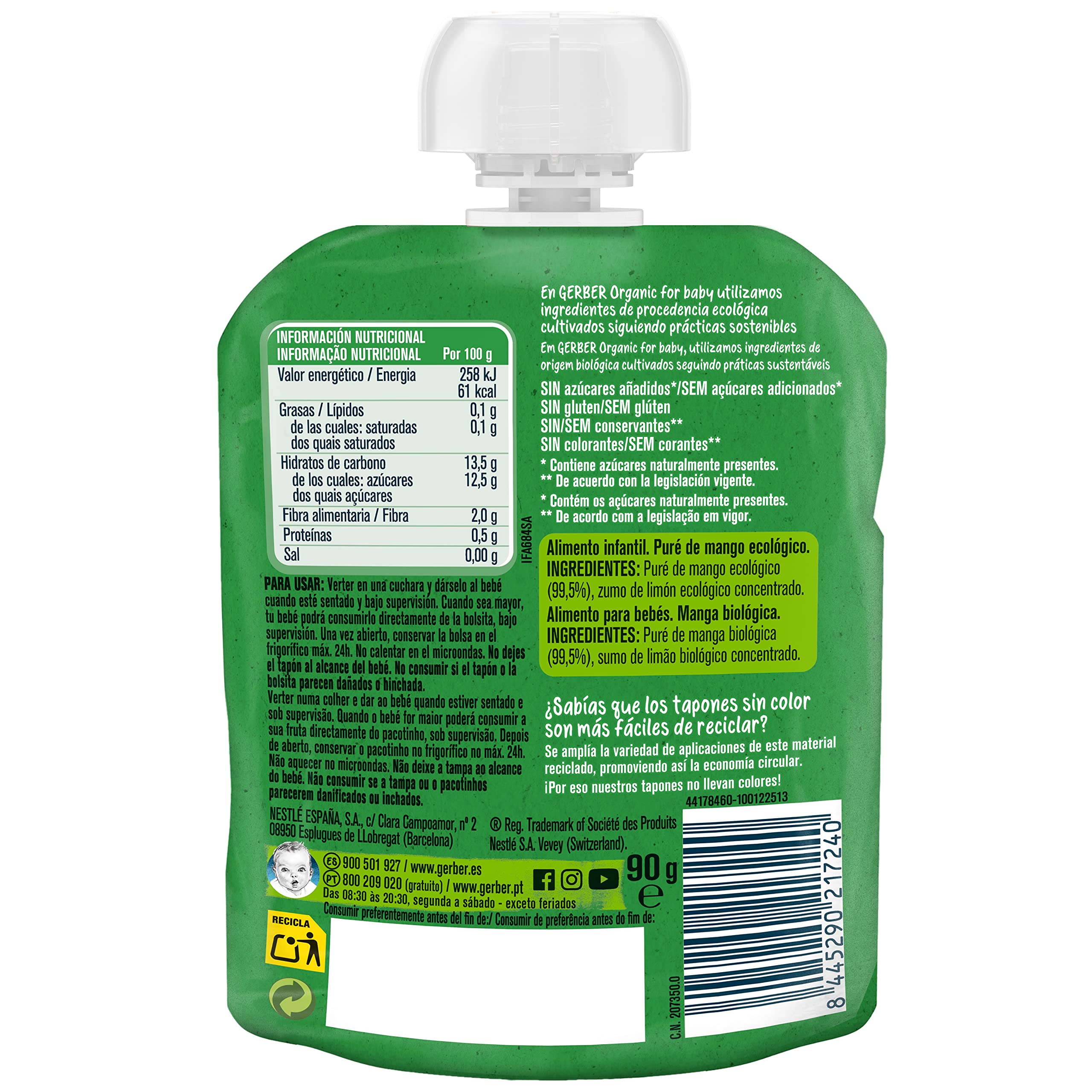 GERBER Organic Mango, Bolsita Puré de Fruta para Bebés, 7x90g, a partir de 6 meses