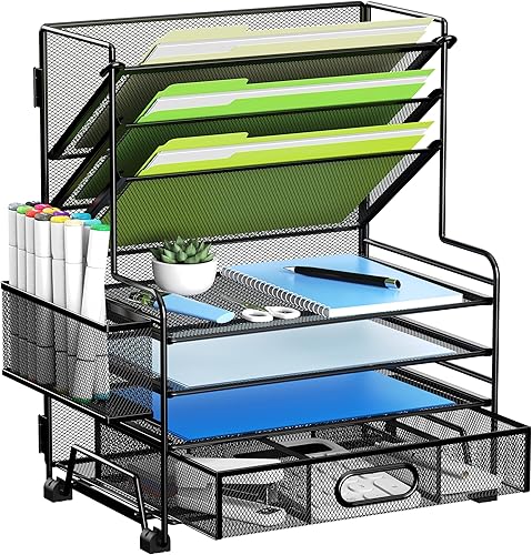 MINDEPOT Organizador de papel de 4 niveles + soporte para archivos de 3 bolsillos + cajón + 2 soportes para bolígrafos, organizador de archivos de