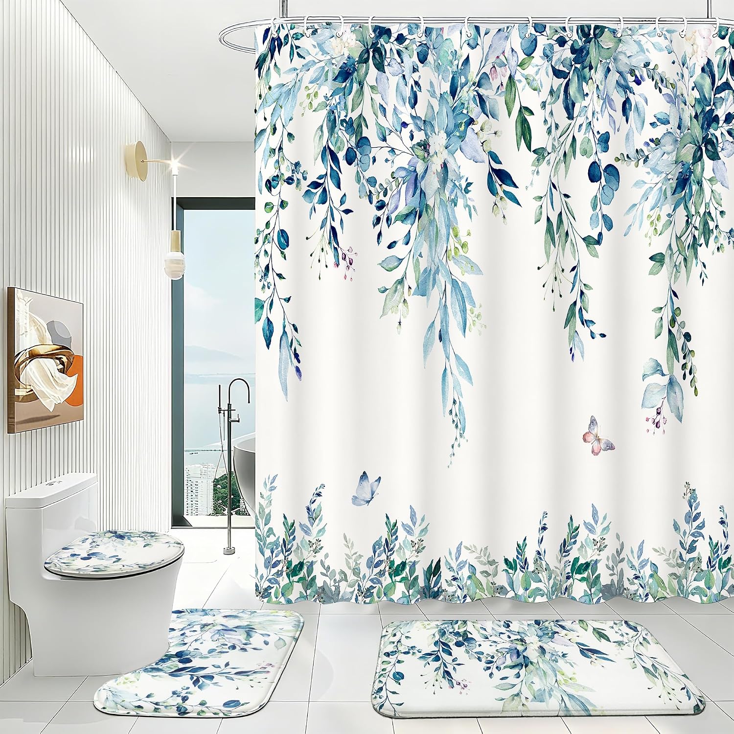 16 Pcs Blue Eucalyptus Shower Curtain Set with Absorbent Rugs and Metal Hooks,Premium 120gsm Heavy Weight Fabric Shower Curtain,Botanical Bathroom Deco (B-Blue)