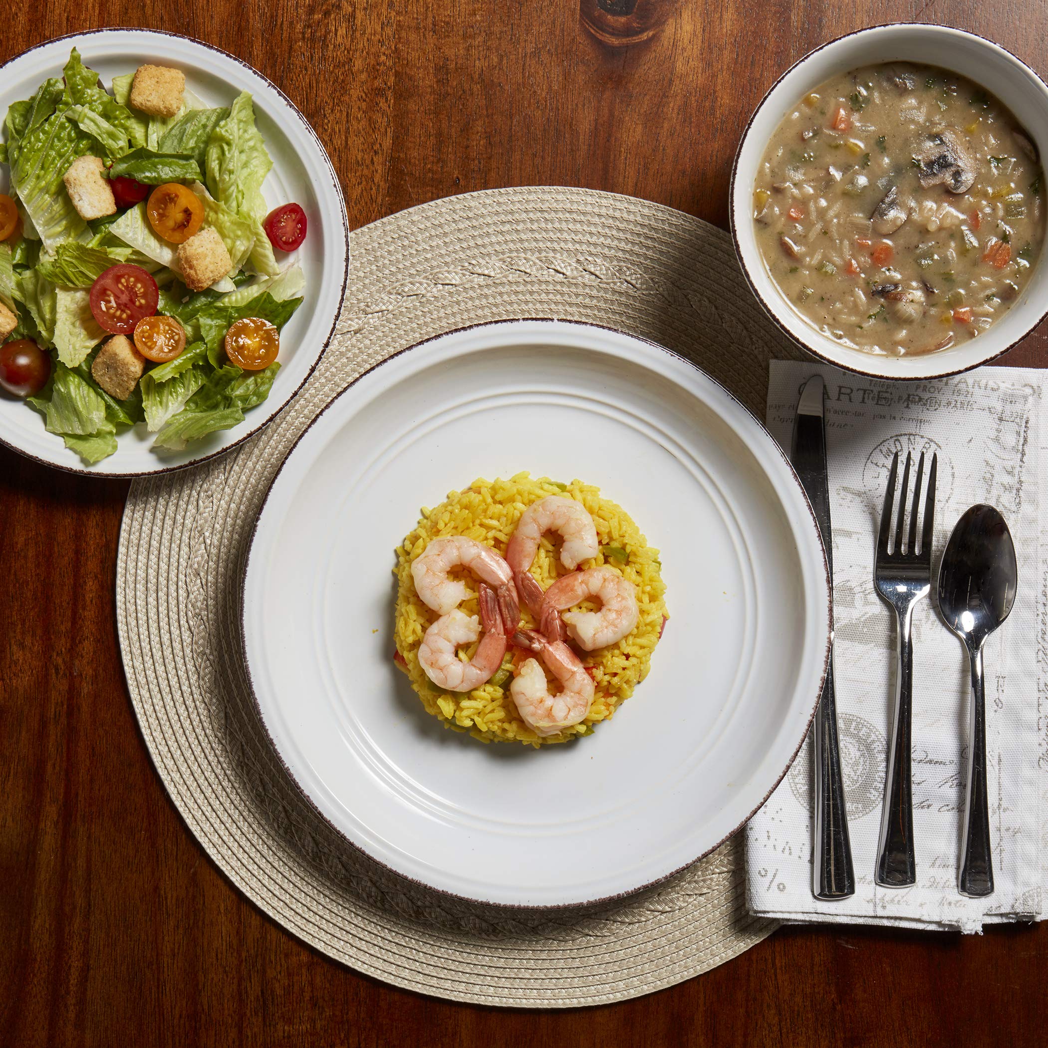 Tabletops Gallery Fashion Dinnerware- Stoneware White Rimmed Round Dishes Service for 4 Dinner Salad Appetizer Dessert Plate Bowls, 12 Piece White Antiqued Farmhouse Dinnerware Set