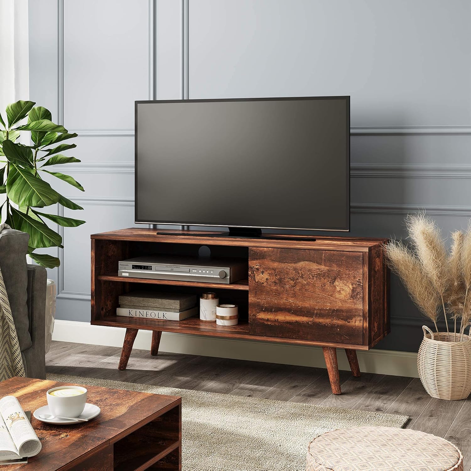 WLIVE Mid-Century Modern TV Stand for 55/60 inch TV, Media Console, Entertainment Center with Storage Cabinet for Living Room, Rustic Brown: Furniture & Decor