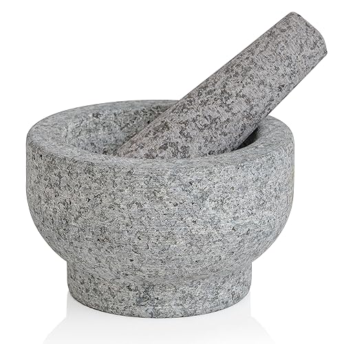 Maxam Juego de mortero y mortero de granito gris 5 pulgadas de diámetro granito sin pulir aspecto natural excelente para moler especias frescas y