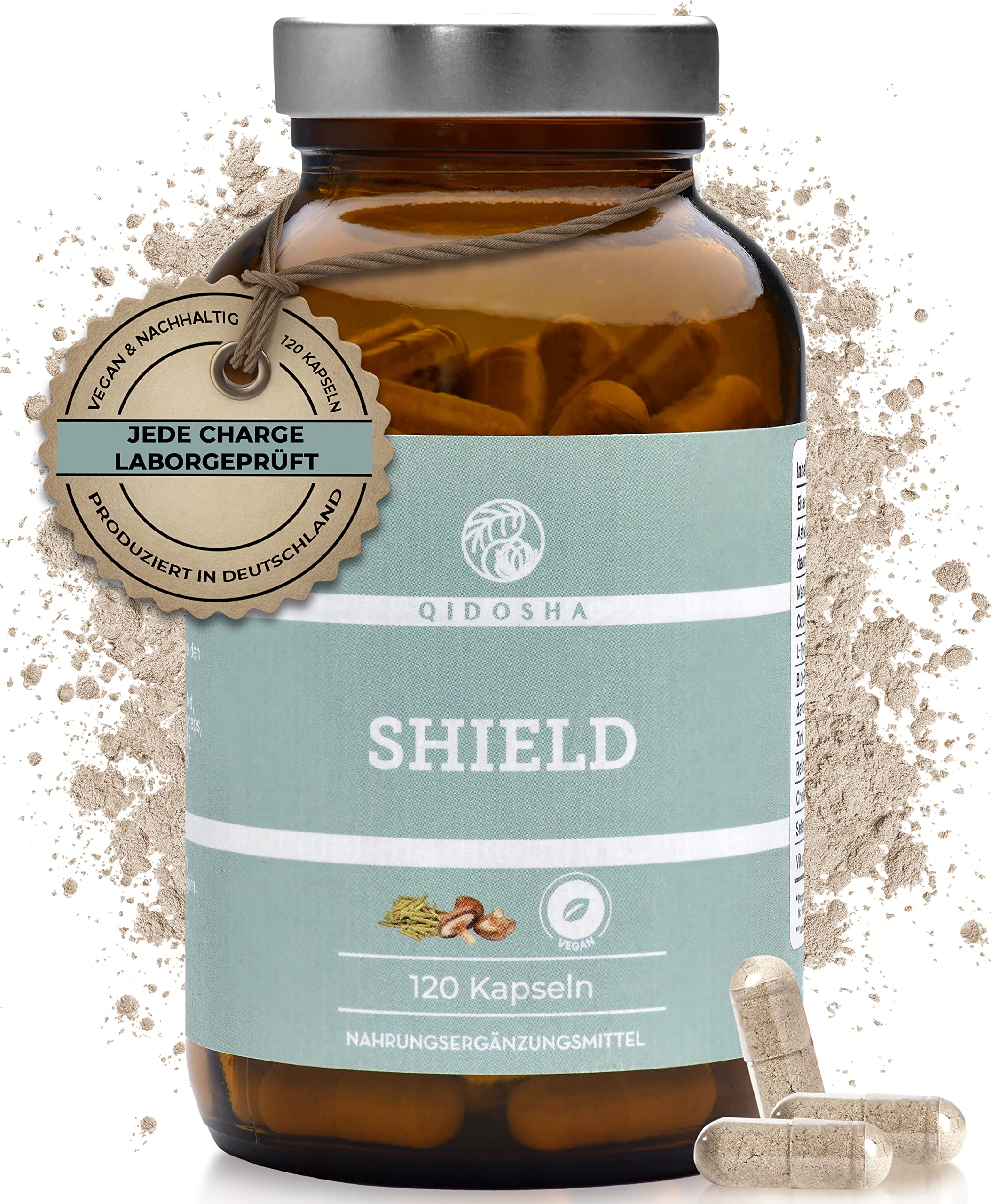 QIDOSHA® SHIELD Jod Selen Komplex für die Schilddrüse², plus L-Tyrosin, Eisen, Zink, Ashwagandha, Cordyceps, Agaricus blazei & den Vitaminen A, D3, B12, natürlich und vegan, 120 Kapseln