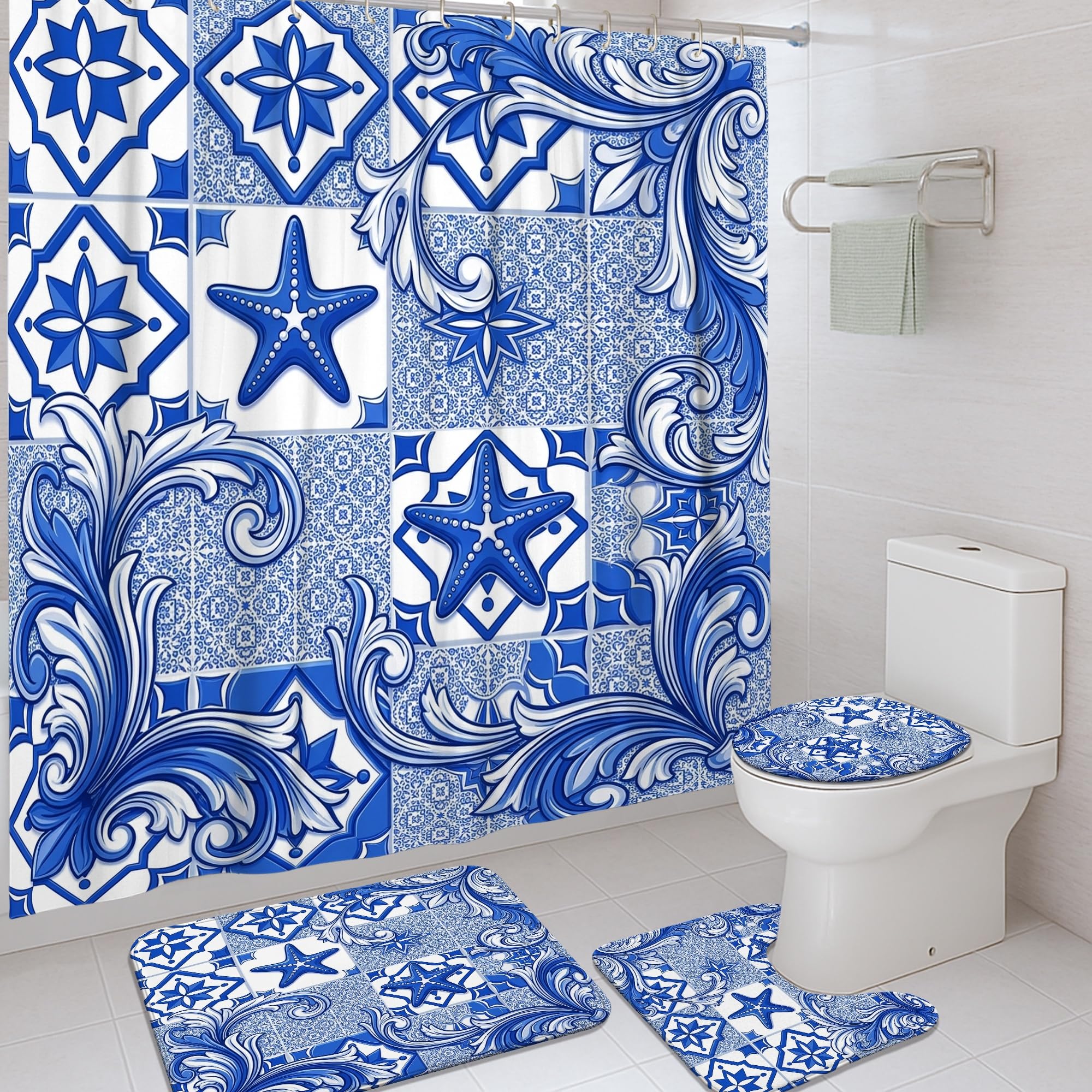 Rideau de douche anti-éclaboussures lavable en toile de mer bleue motif floral et crochets